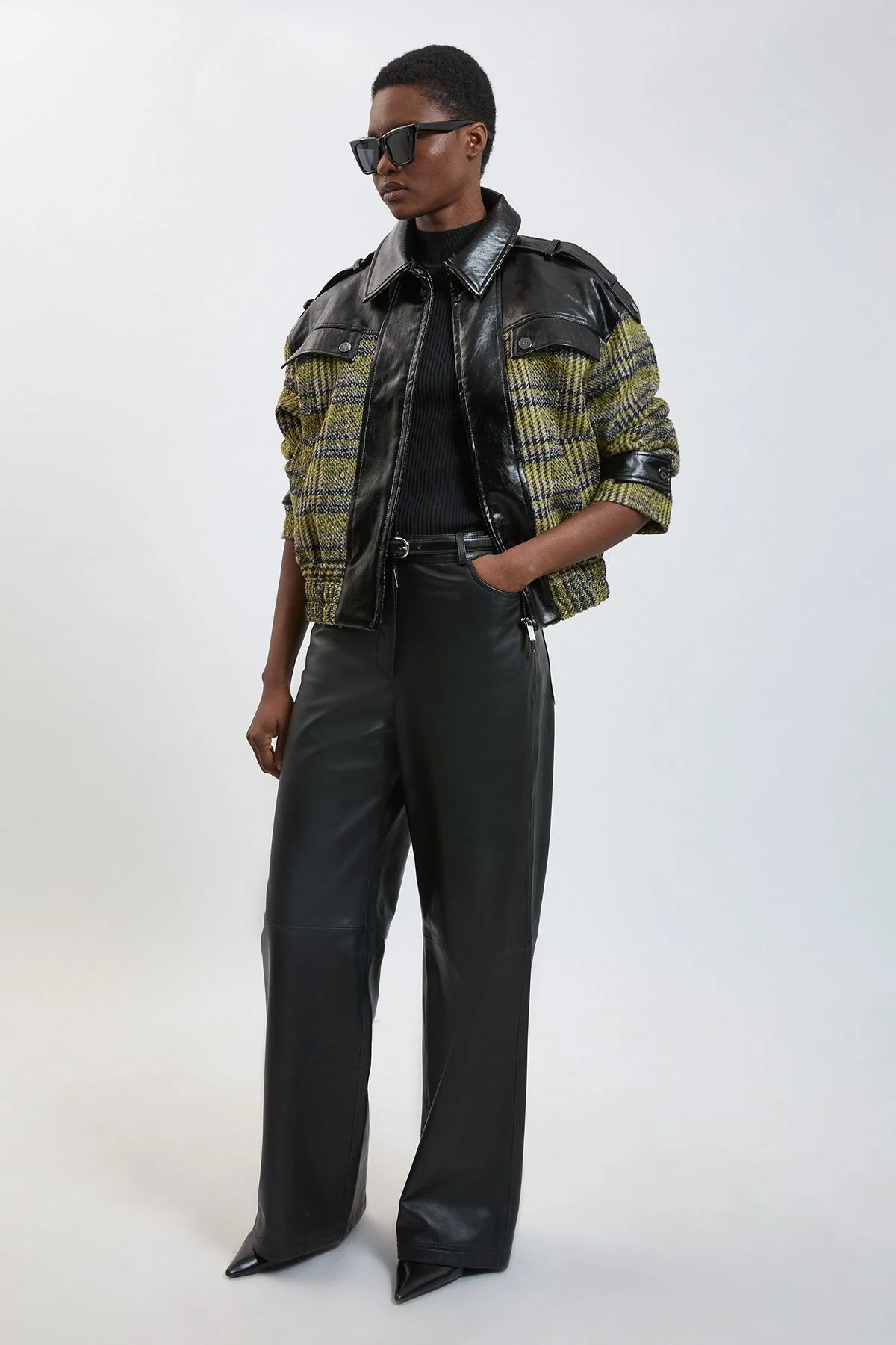 Wool Tweed and Faux Leather Mix Short Coat - 1
