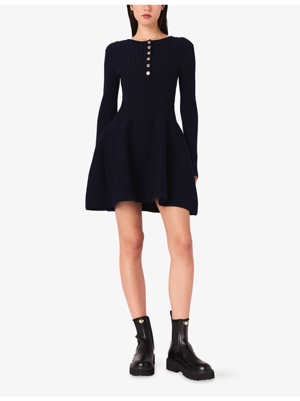 Round-Neck Flared-Skirt Stretch-Knit Mini Dress - 2