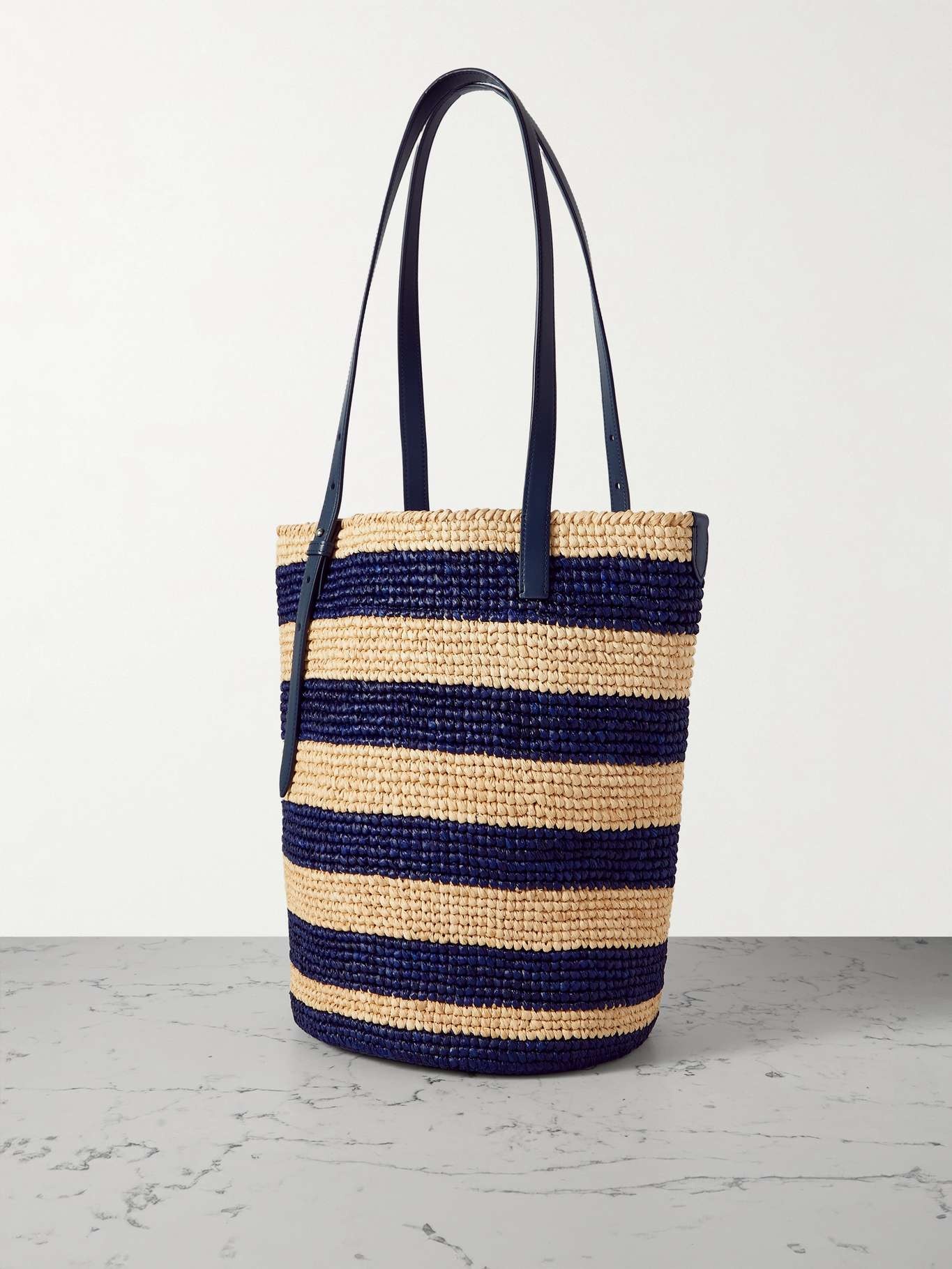 Leather-trimmed logo-embroidered striped raffia tote Navy - 3