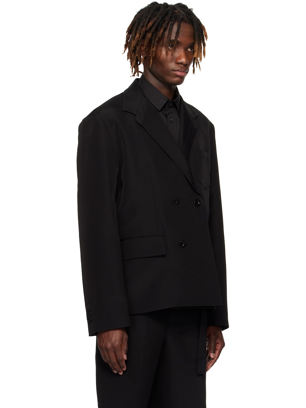Black Double-Faced Silk Cotton Blazer - 2