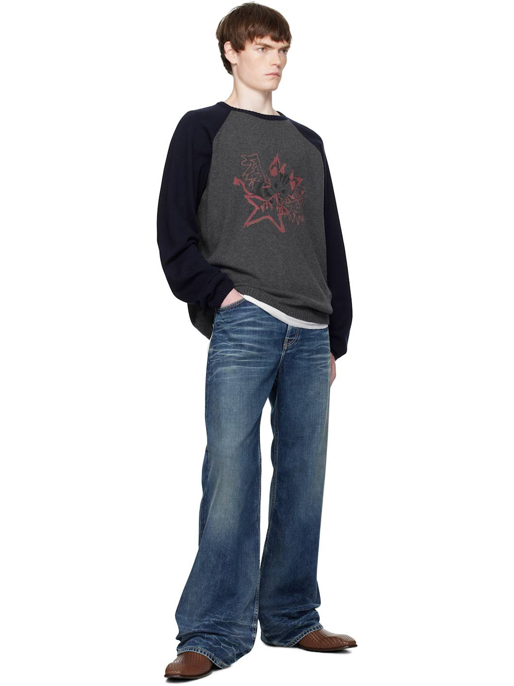 Gray & Navy Printed Raglan Knit Pullover Sweater - 4