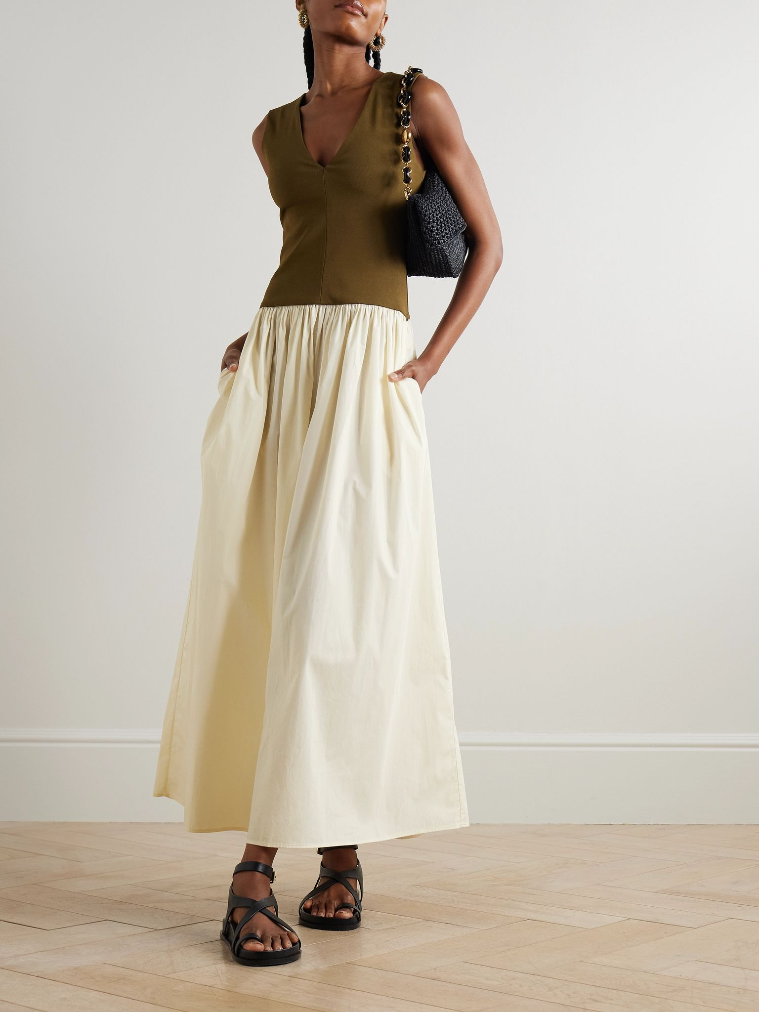 Stretch-knit and silk-crepe maxi dress Army green - 2