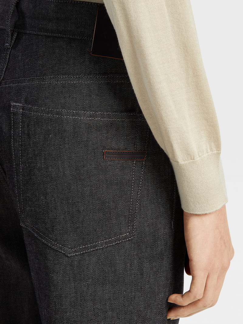 BLACK RINSE-WASHED COTTON AND CASHMERE ROCCIA JEANS 5
