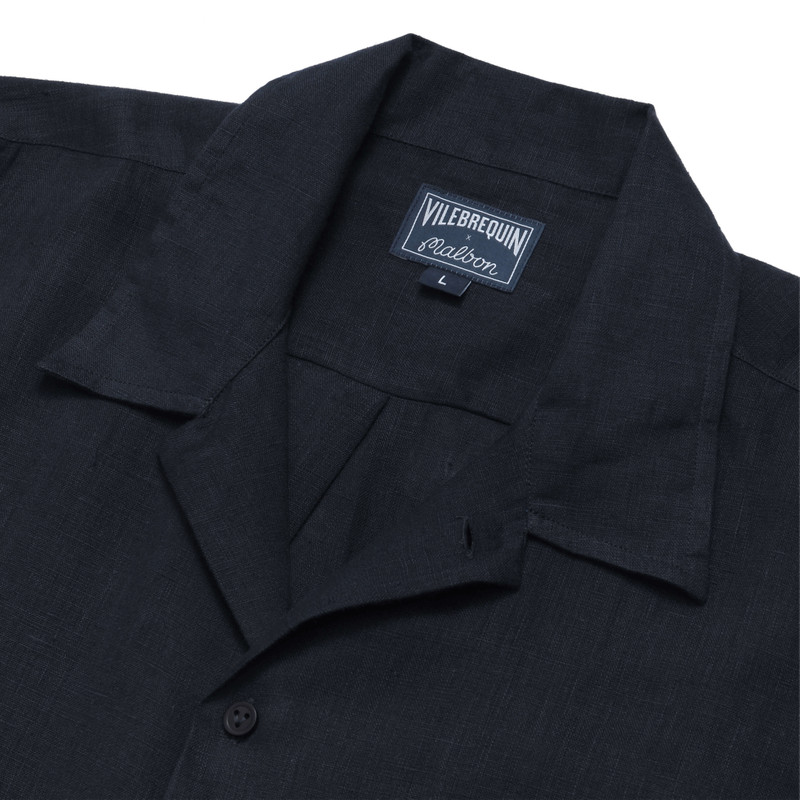 Men Linen Bowling Shirt in Solid Navy - Vilebrequin X Malbon 4
