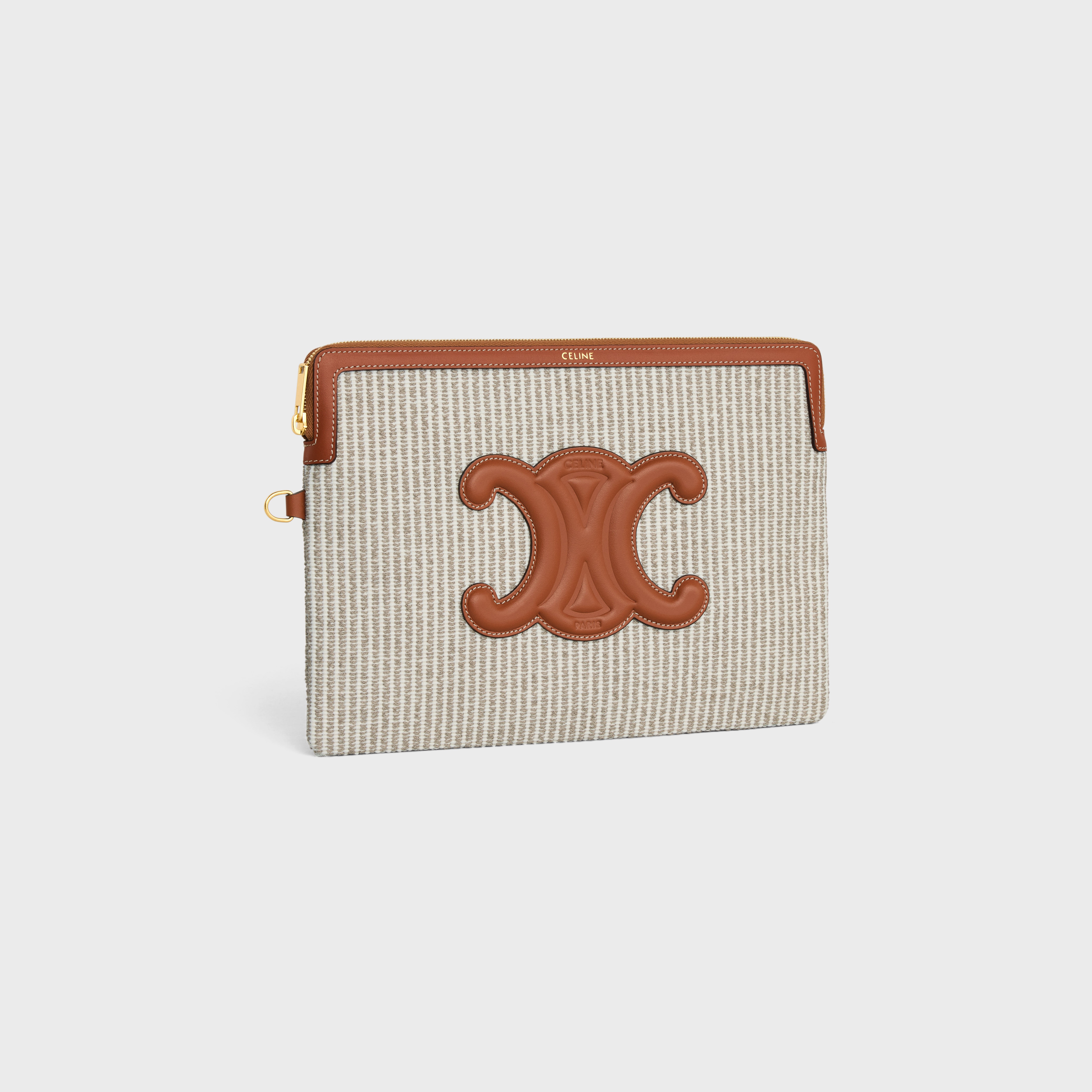 ポーチ Small pouch with strap in striped textile with Triomphe SMALL POUCH WITH STRAP in STRIPED TEXTILE AND CALFSKIN