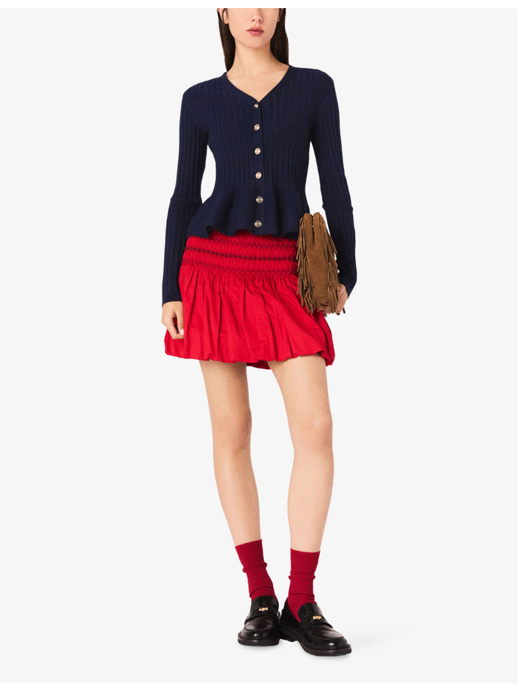 V-Neck Peplum-Waist Stretch-Knit Cardigan - 2