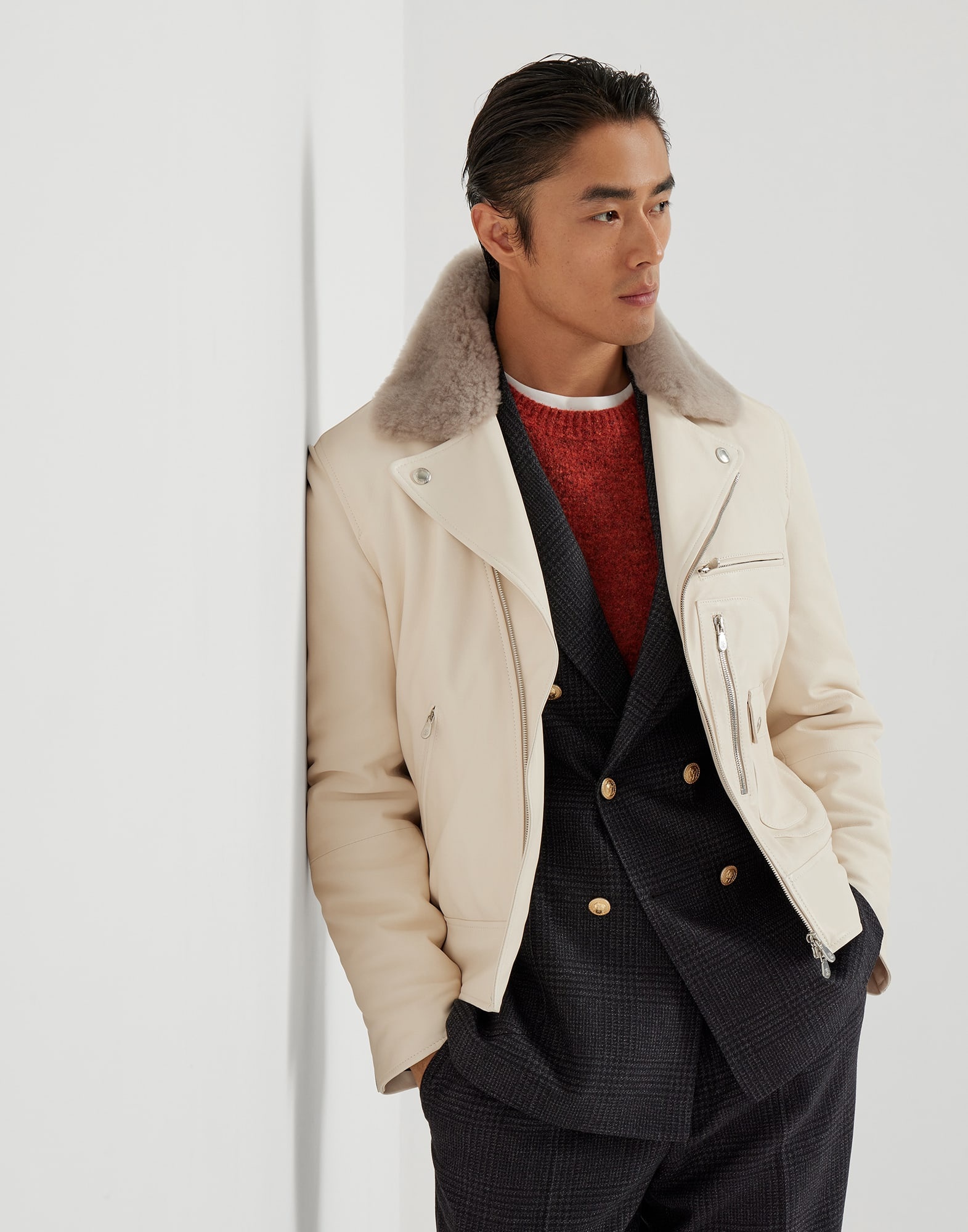 Nappa leather biker jacket with Thermore® padding and detachable shearling collar - 4
