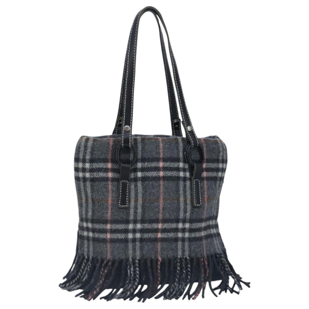 Burberry Nova Check Scarf Style Blue Label Hand Bag Wool Gray Silver - 3