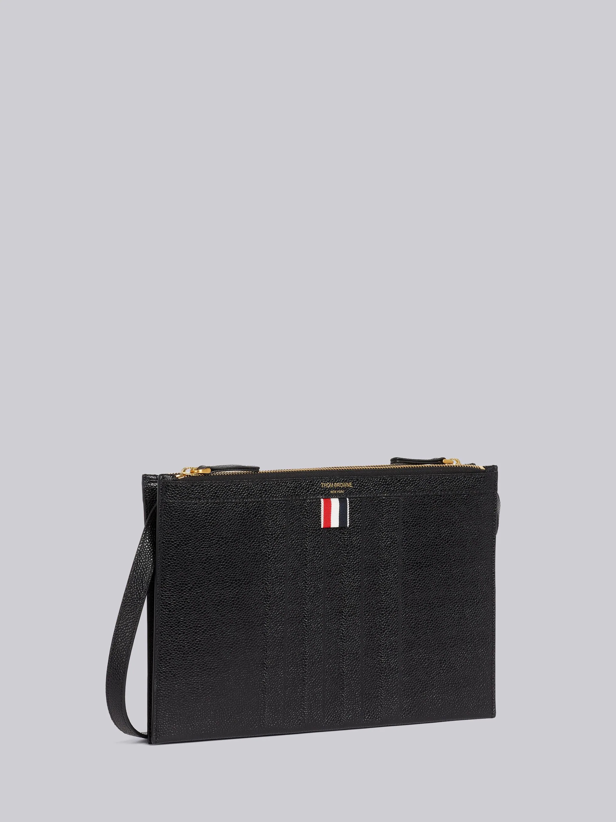 Black Pebble Grain Leather Debossed 4-Bar Crossbody Double Document Holder - 3