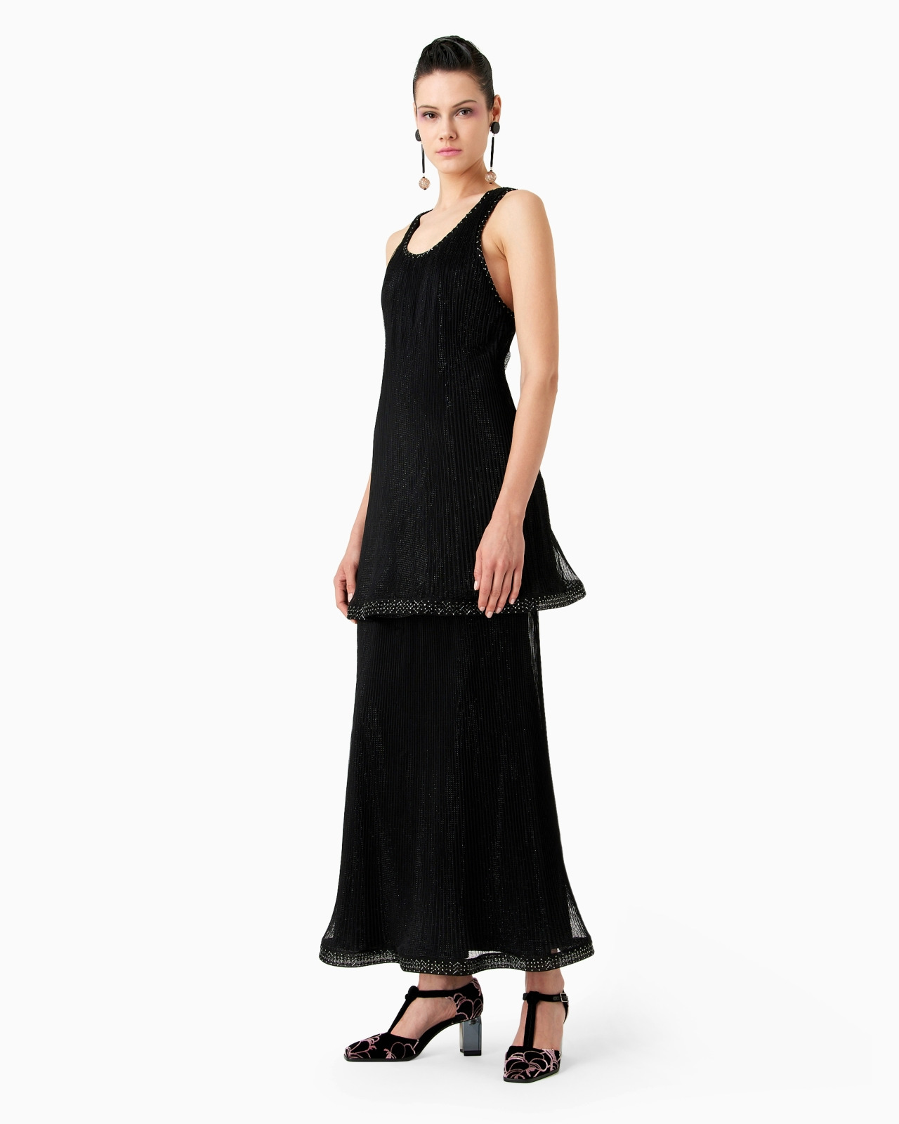 LONG PLEATED TULLE DRESS WITH CRYSTAL EMBROIDERY AND A FRILL - 2