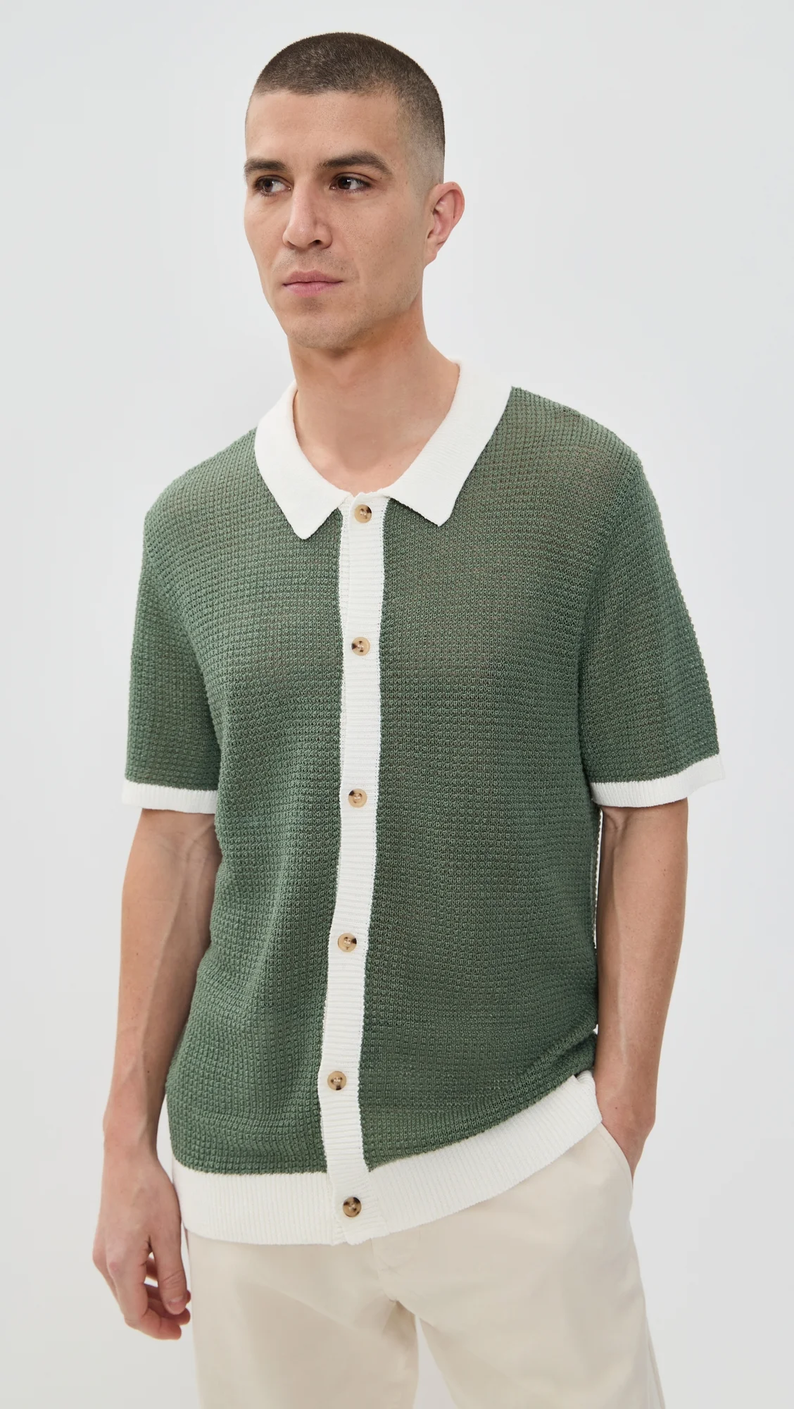 Linen Short Sleeve Button Up Sweater - 1