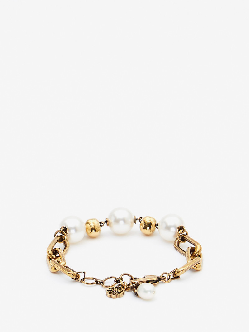 Alexander McQueen Pearl-like Skull Chain Bracelet in Antique Gold outlook