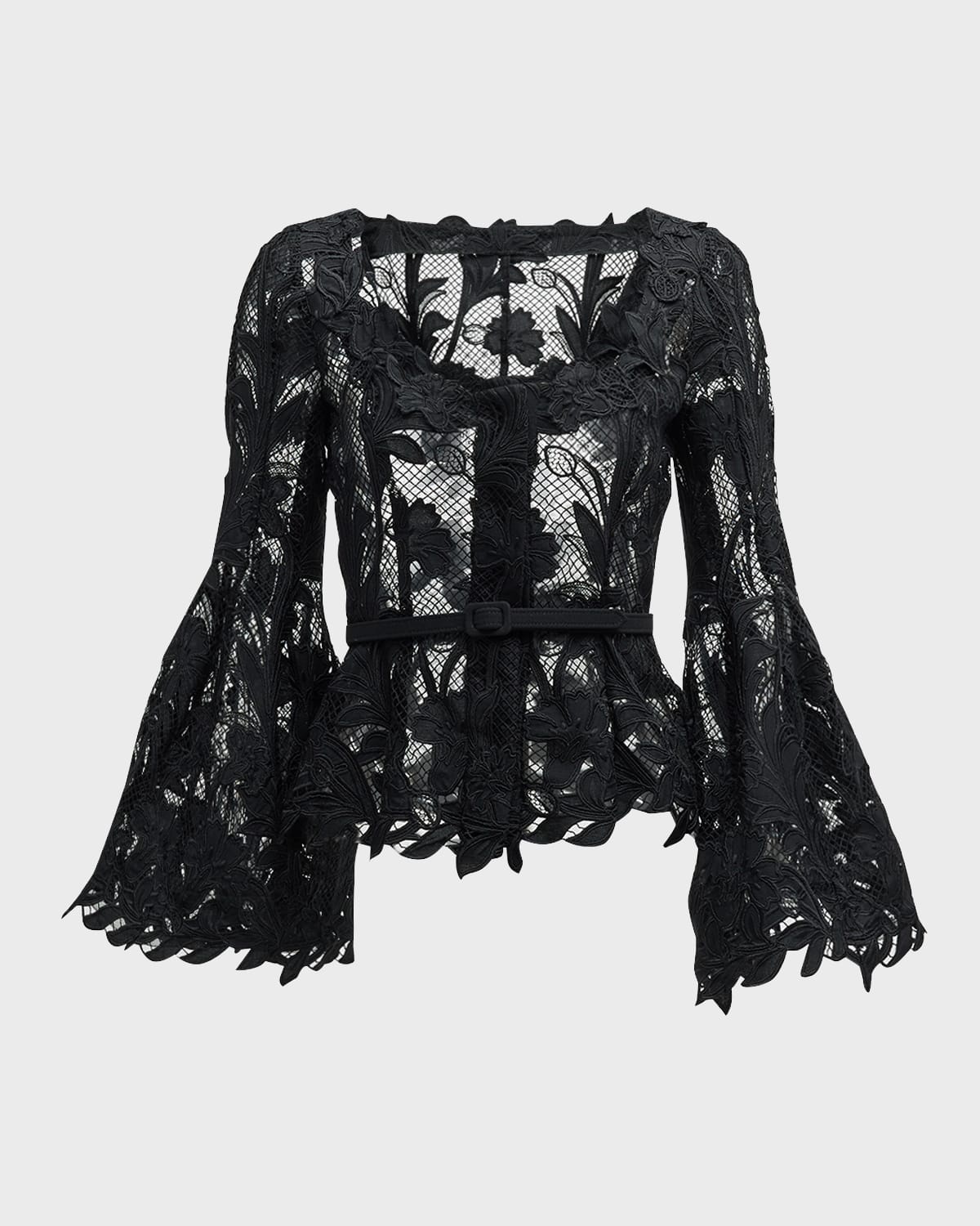 Marbled Carnation Guipure Jacket with Belted Waist - 1