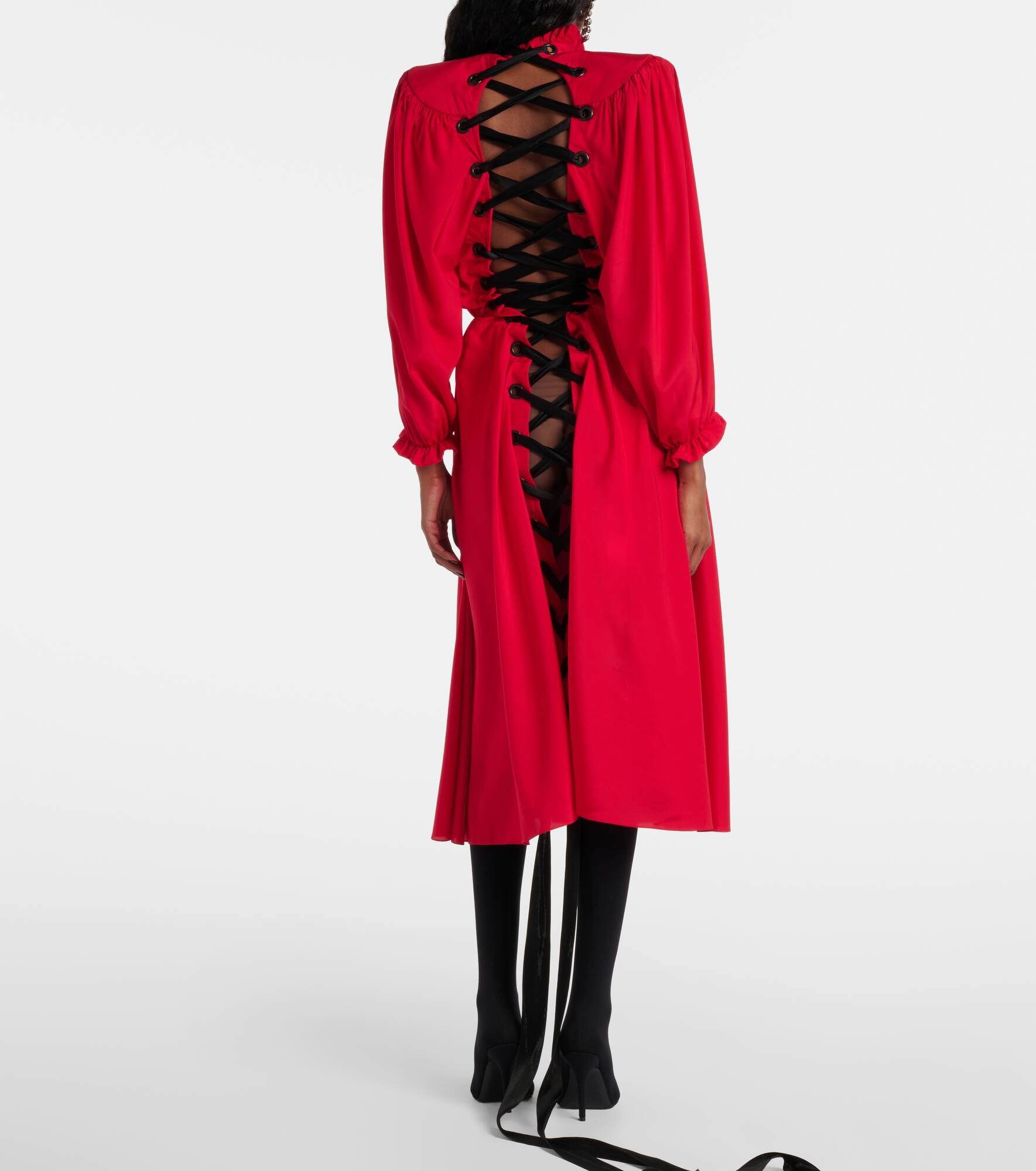 Bow-detail lace-up silk midi dress - 3