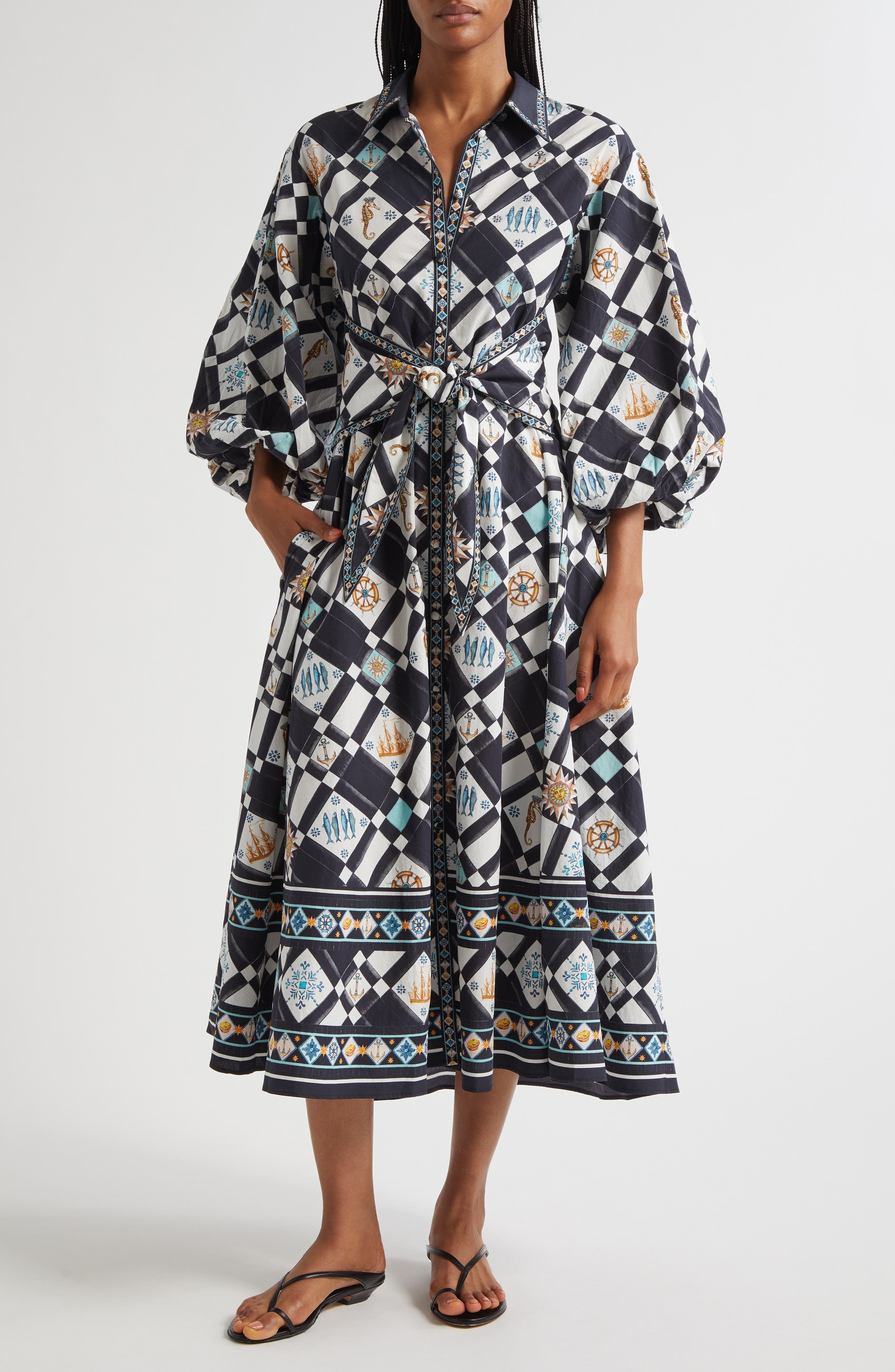 Camilla Folk Afloat Bubble Sleeve Tie Waist Shirtdress at Nordstrom - 1