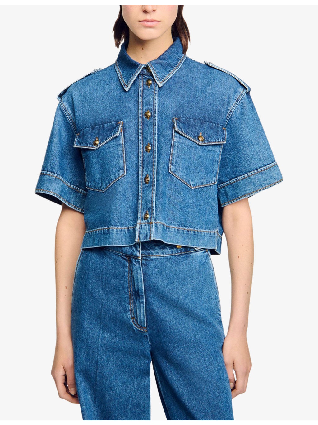 Cropped Chest-Pocket Denim Shirt - 3