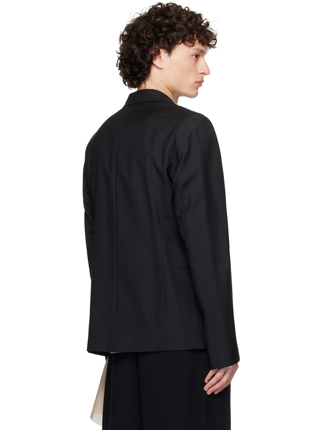 Black D Breasted Wool Blazer - 3