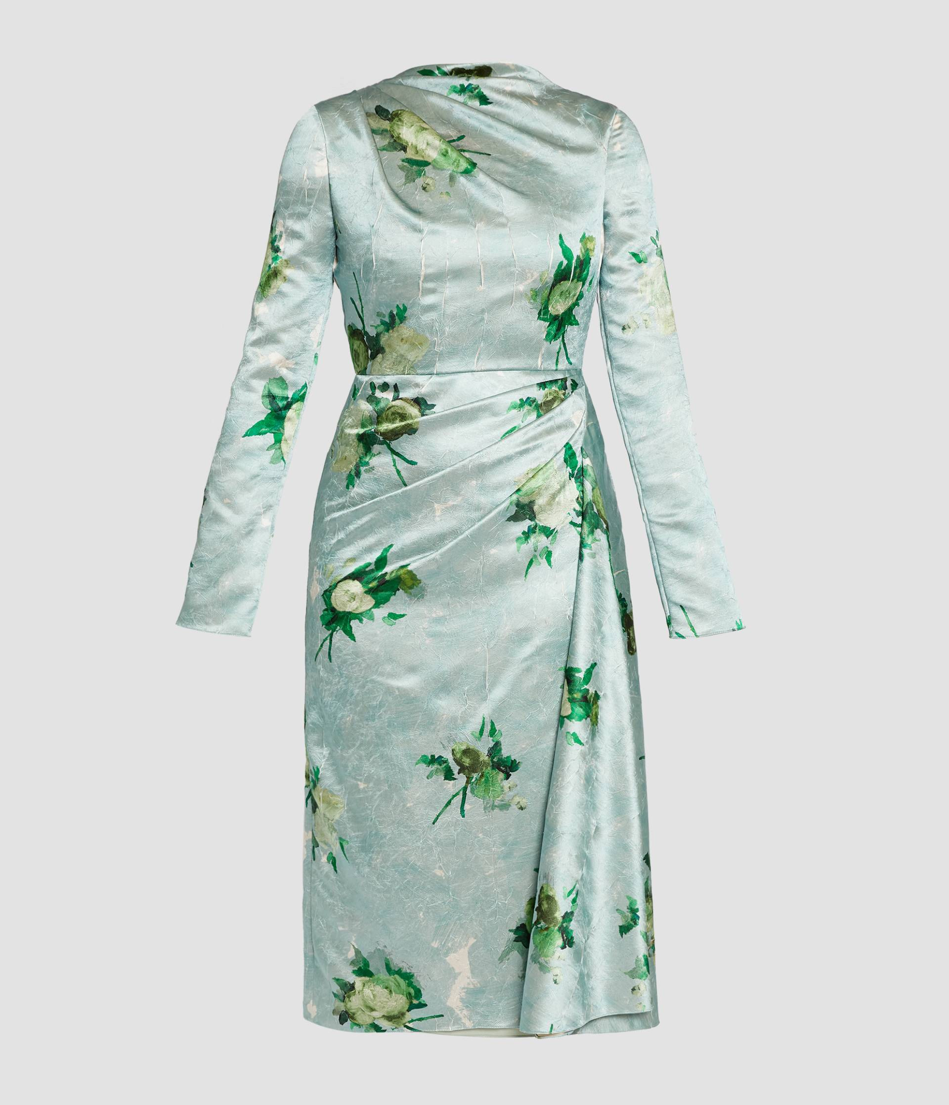 FLORAL PRINT CRUSHED SATIN DRAPED MIDI DRESS - 2