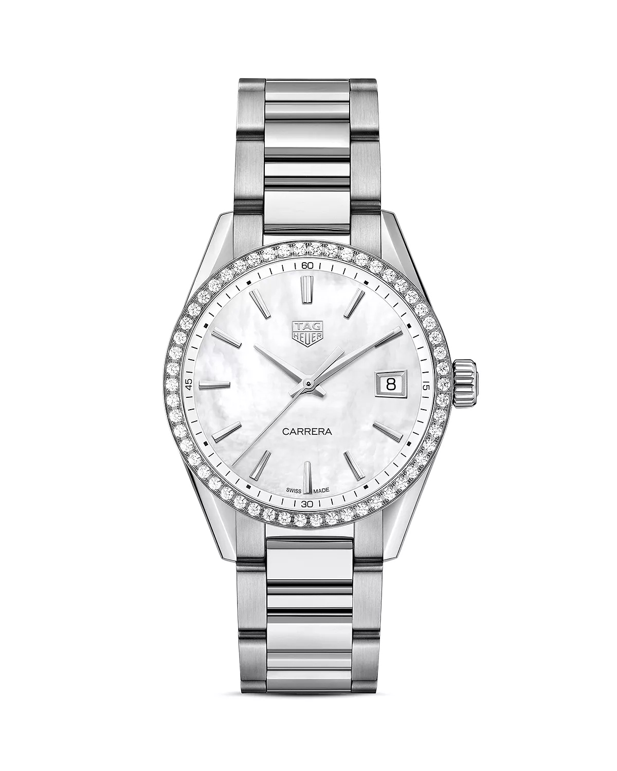 Carrera Stainless Steel and White Mother of Pearl Dial Watch with Diamond Bezel Case, 36mm - 1