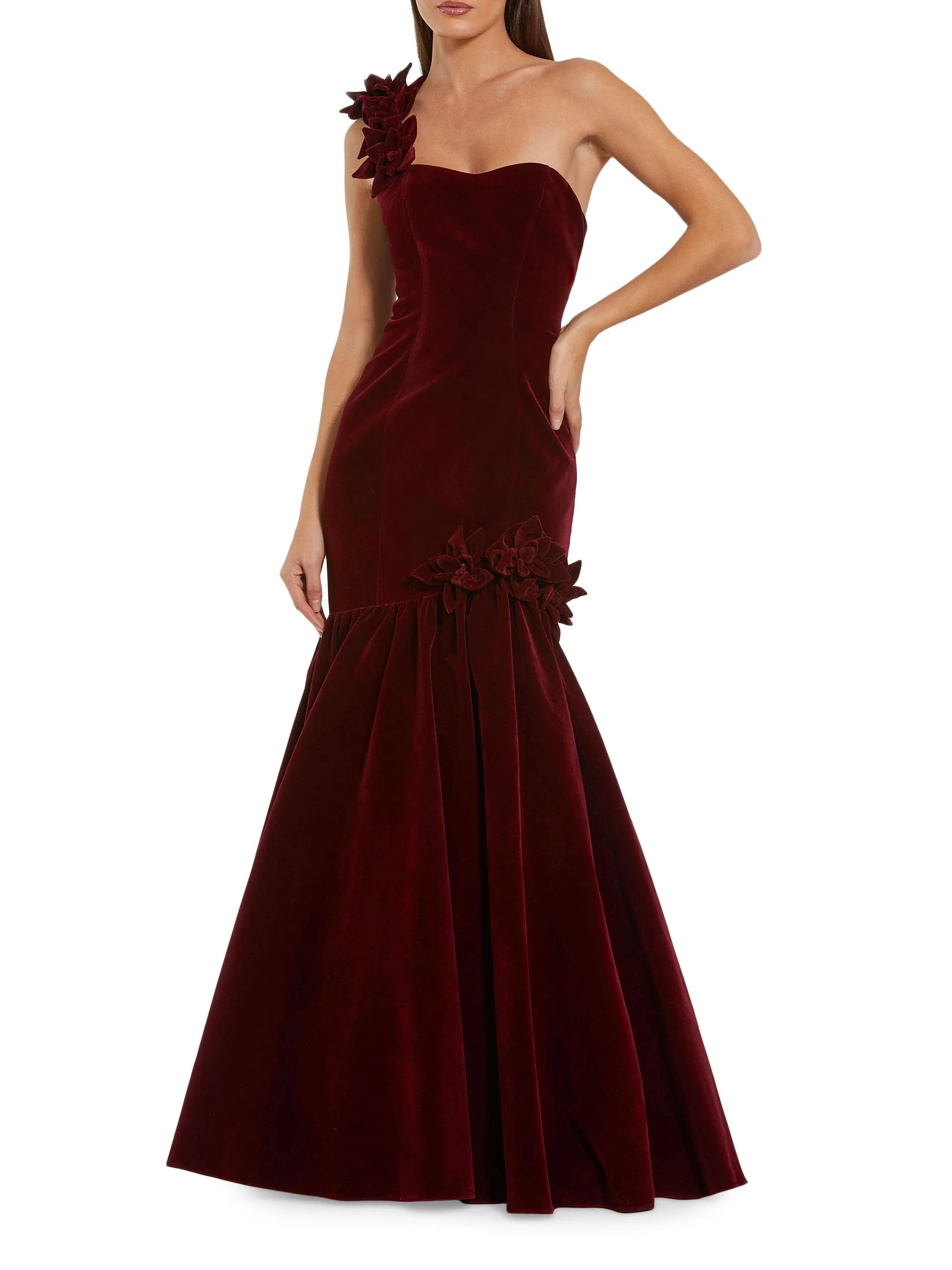 Women's Velvet One-Shoulder Trumpet Bubble Hem Gown - Amethyst - 1