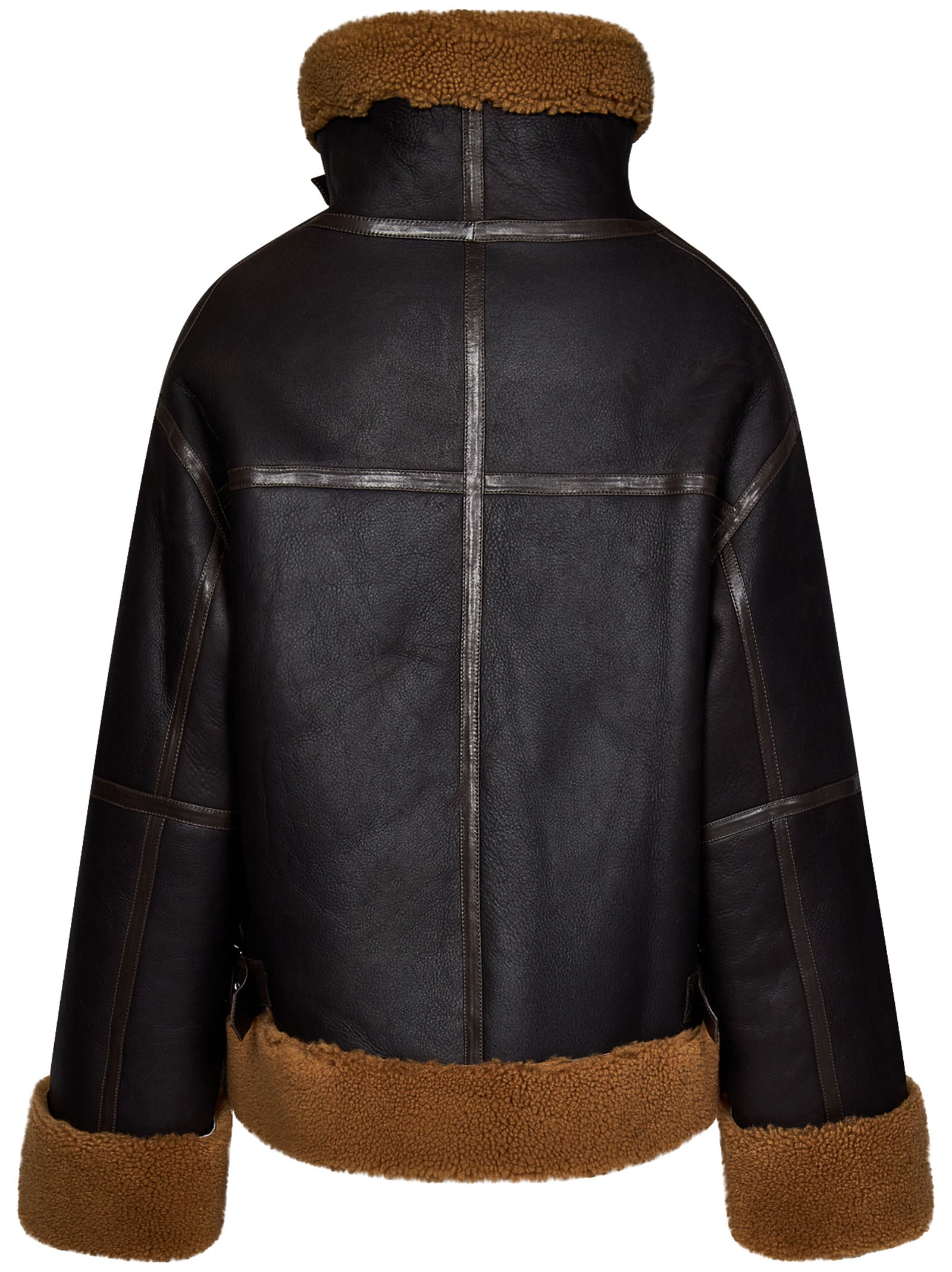 Dark brown leather jacket with brown shearling hem, collar and cuffs. - 2