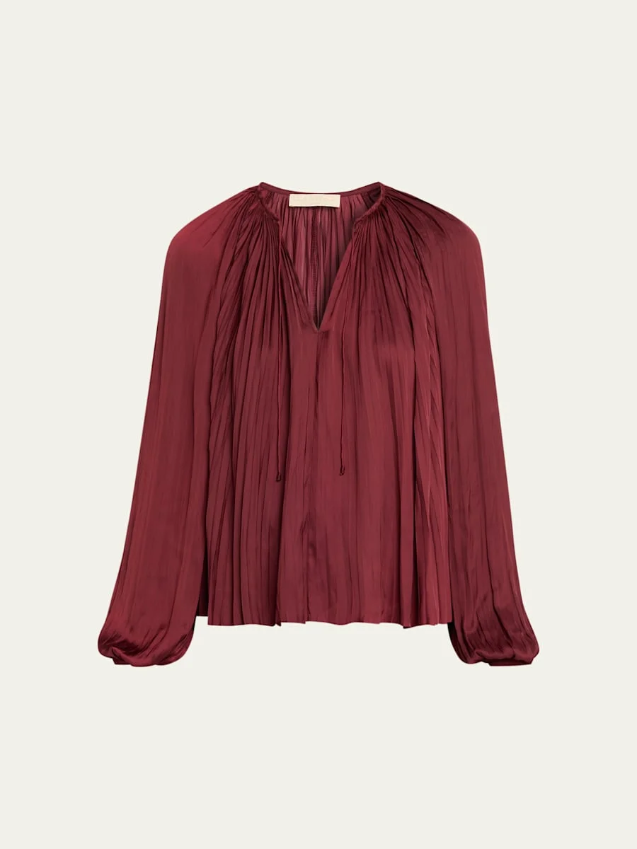 Electra Pleated Satin Peasant Blouse - 1