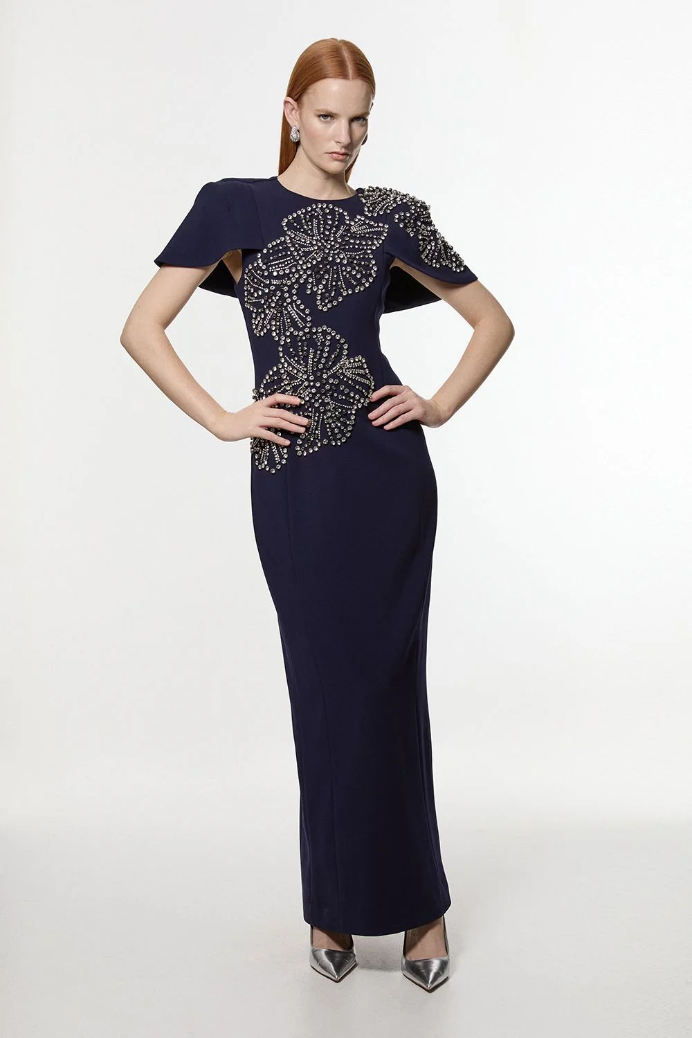 Tall Placed Floral Crystal Embellished Tailored Cape Maxi Dress - 1