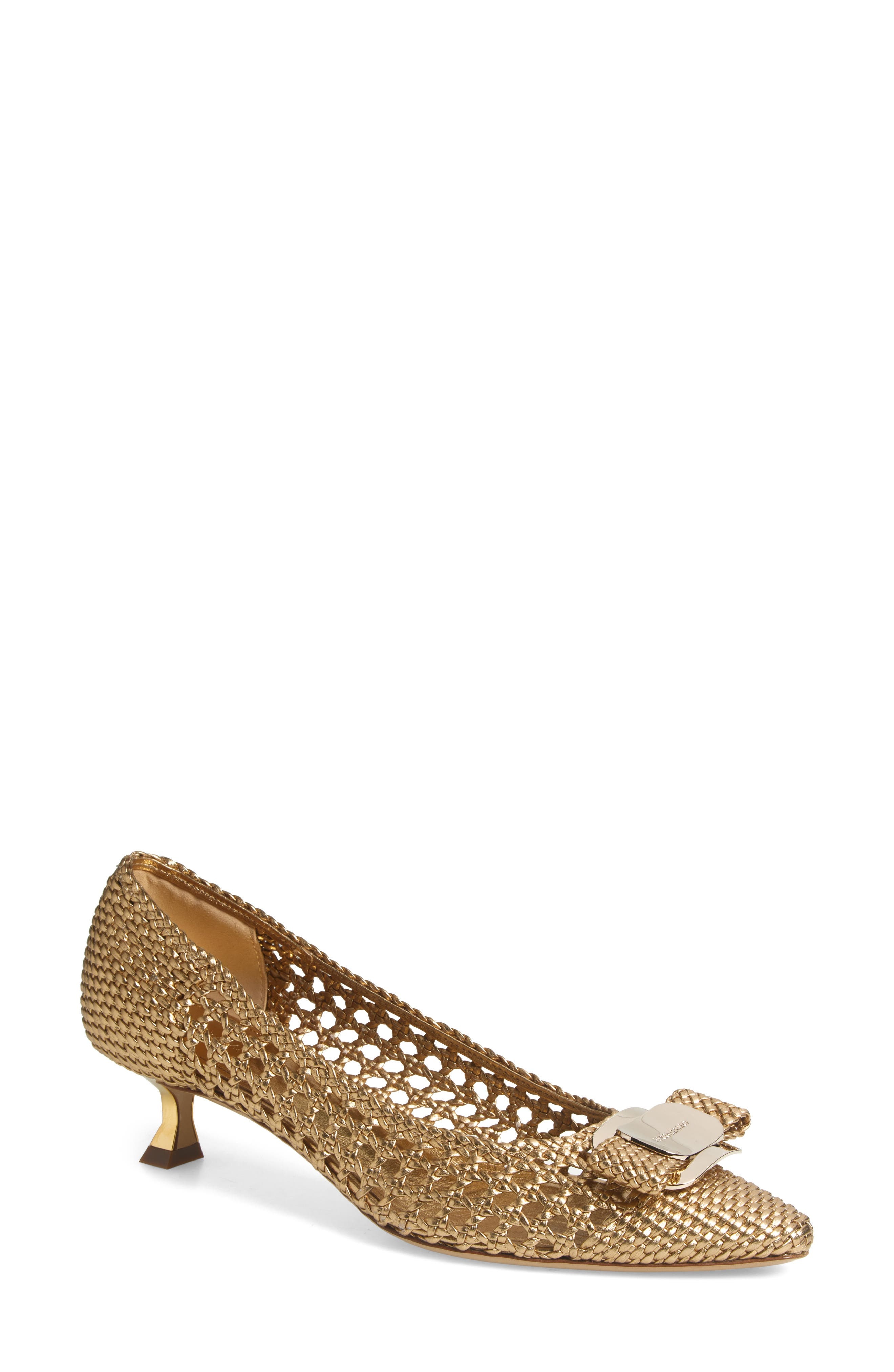 FERRAGAMO Zelma Bow Woven Pointed Toe Kitten Heel Pump in Gold Lux at Nordstrom - 1