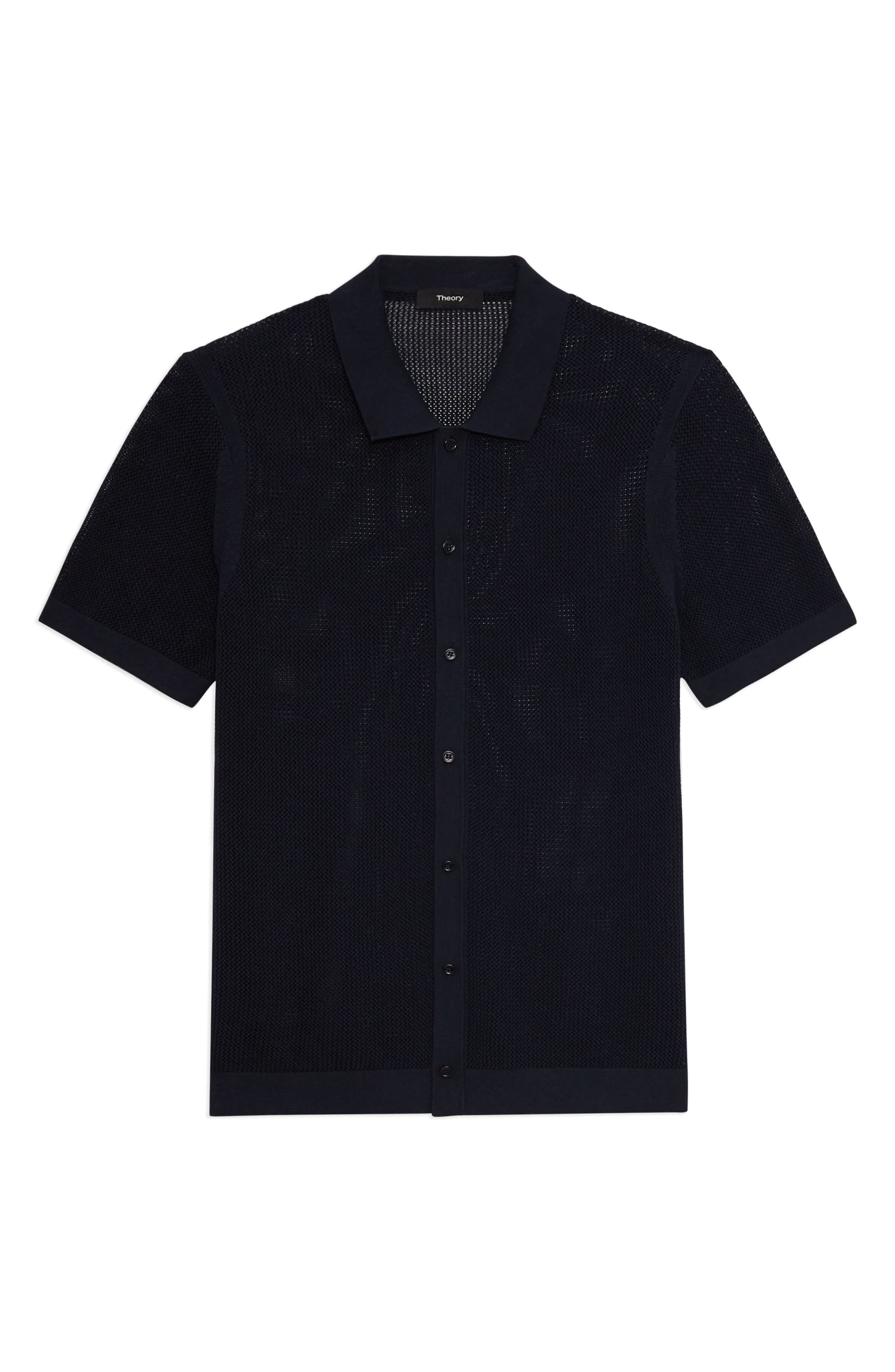 Theory Cairn Short Sleeve Button-Up Cotton Blend Sweater in Baltic at Nordstrom - 4
