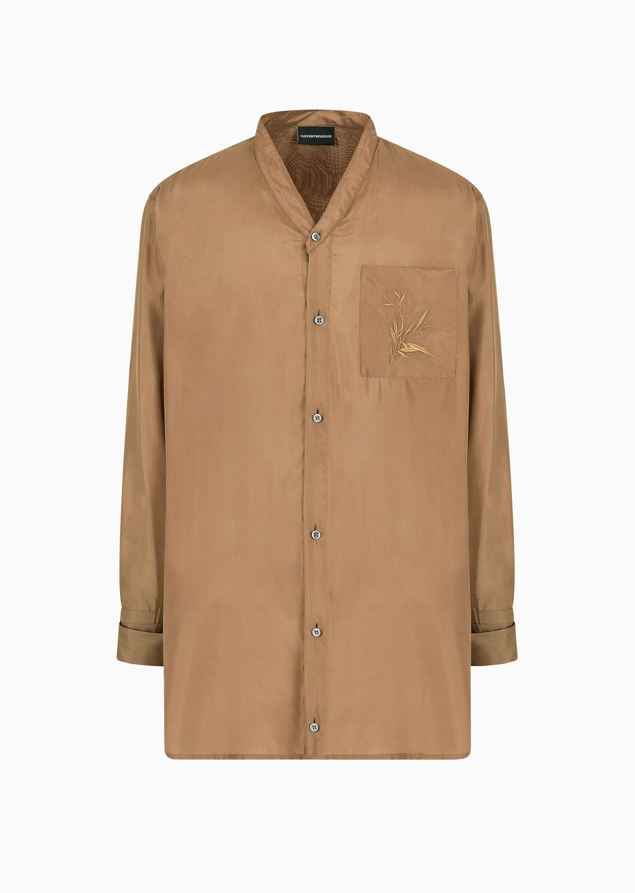 V-neck shirt with pocket and ramage embroidery in solid-colour pure silk - 1