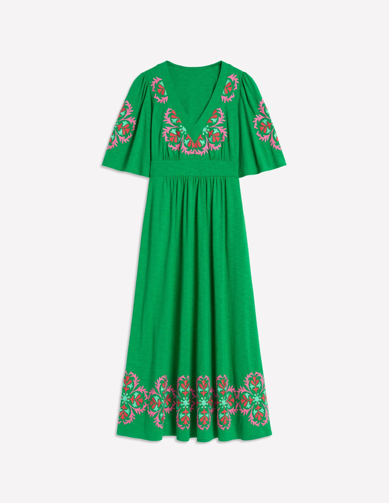 Maya Embroidered Kimono Dress-Rich Emerald, Embroidered 1