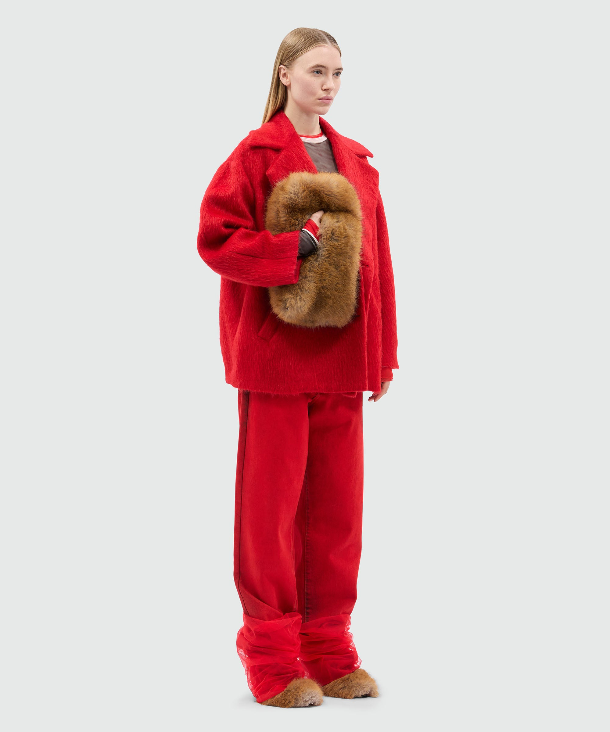 Short double-breasted coat in red brushed wool felt - 4