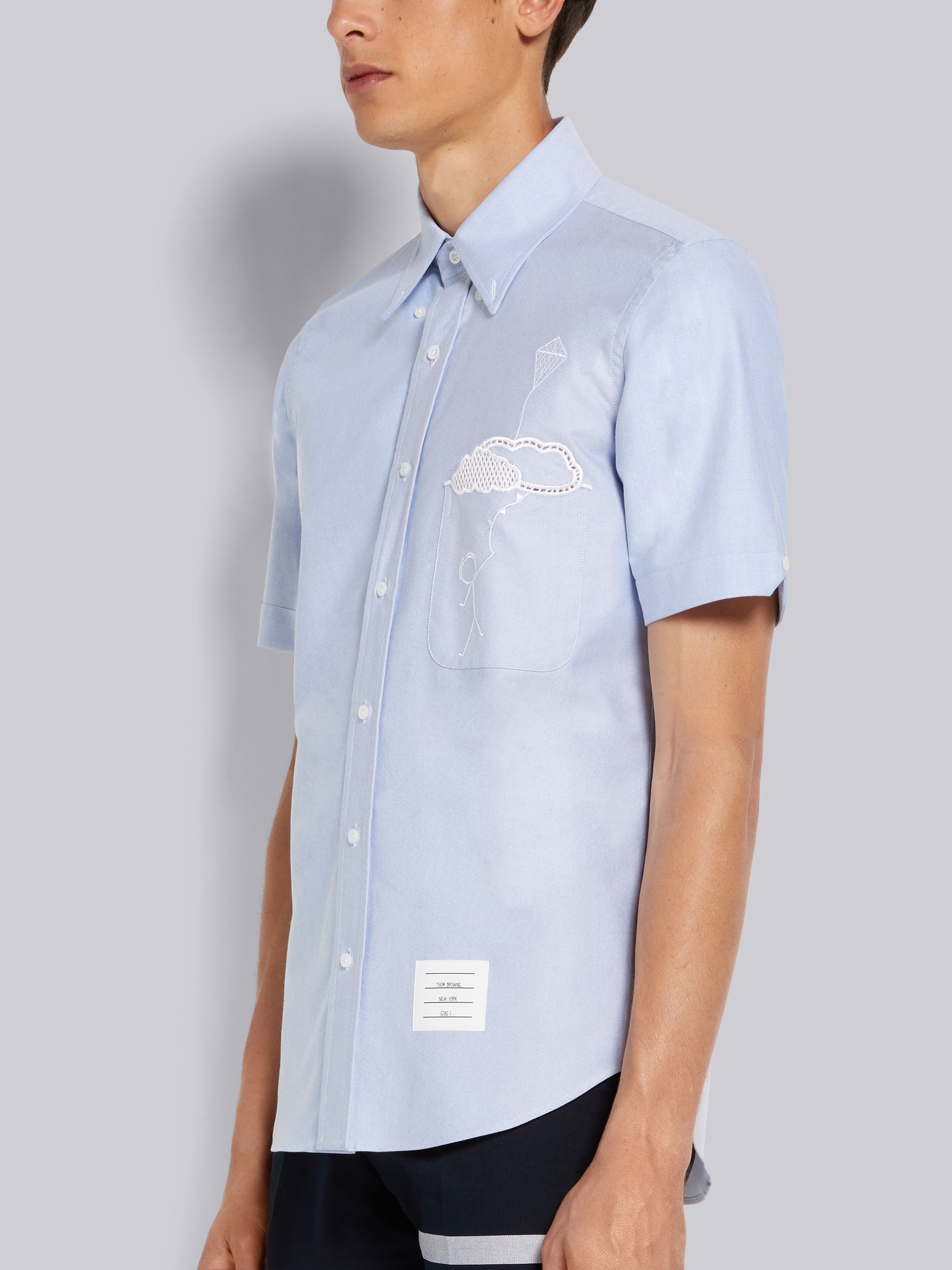 Light Blue Broderie Anglaise Mr. Thom With Kite Straight Fit Short Sleeve Shirt - 2