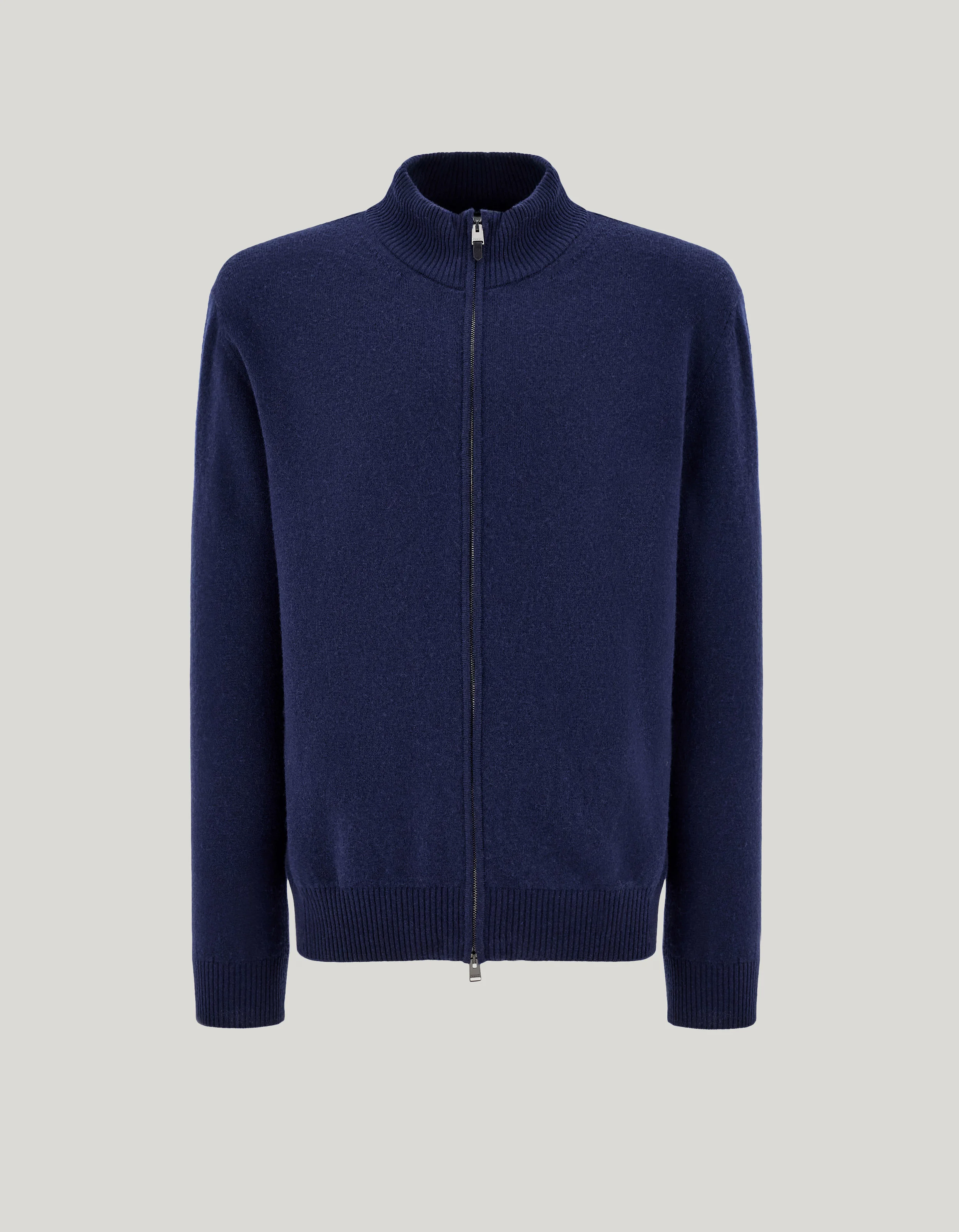 NAVY BLUE WOOL AND CASHMERE FULL-ZIPPERED CARDIGAN - 1