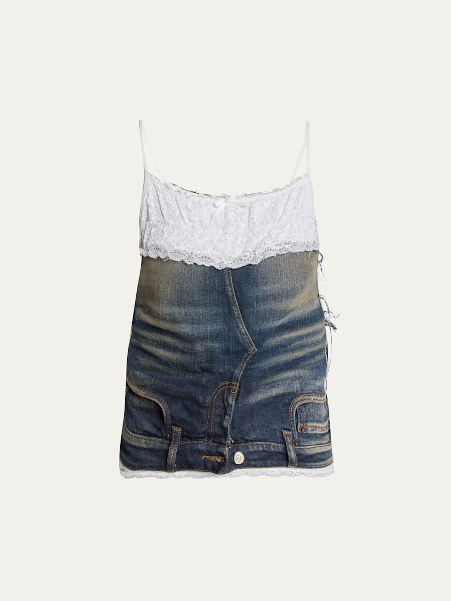Patched Lace Denim Tank Top - 1