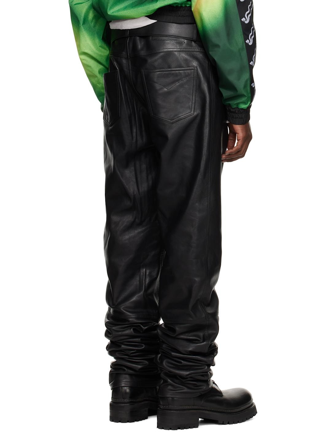 Black Stacked Straight Leg Leather Pants - 3
