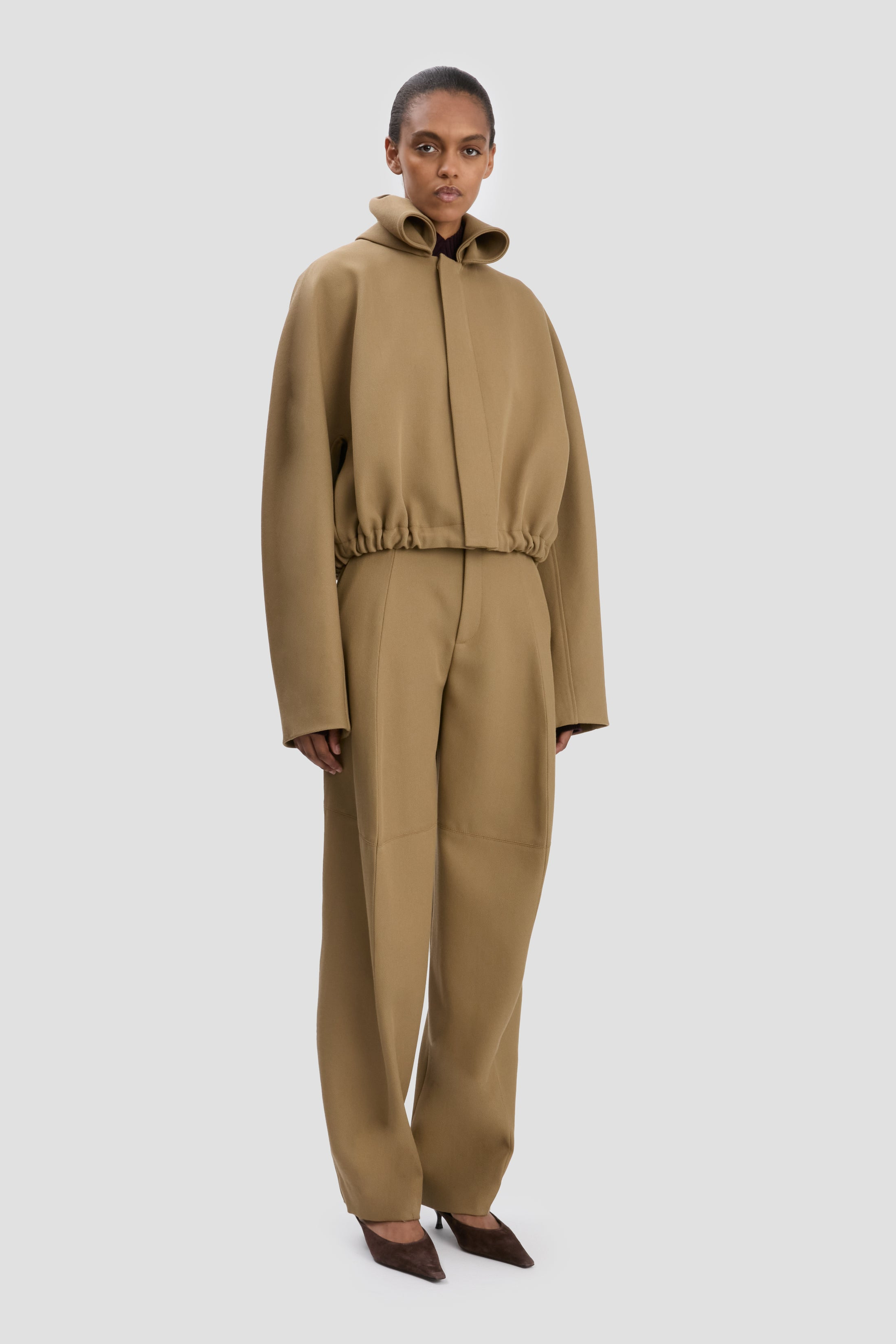 Oversized Roll Neck Bomber Jacket In Dark Camel - 4