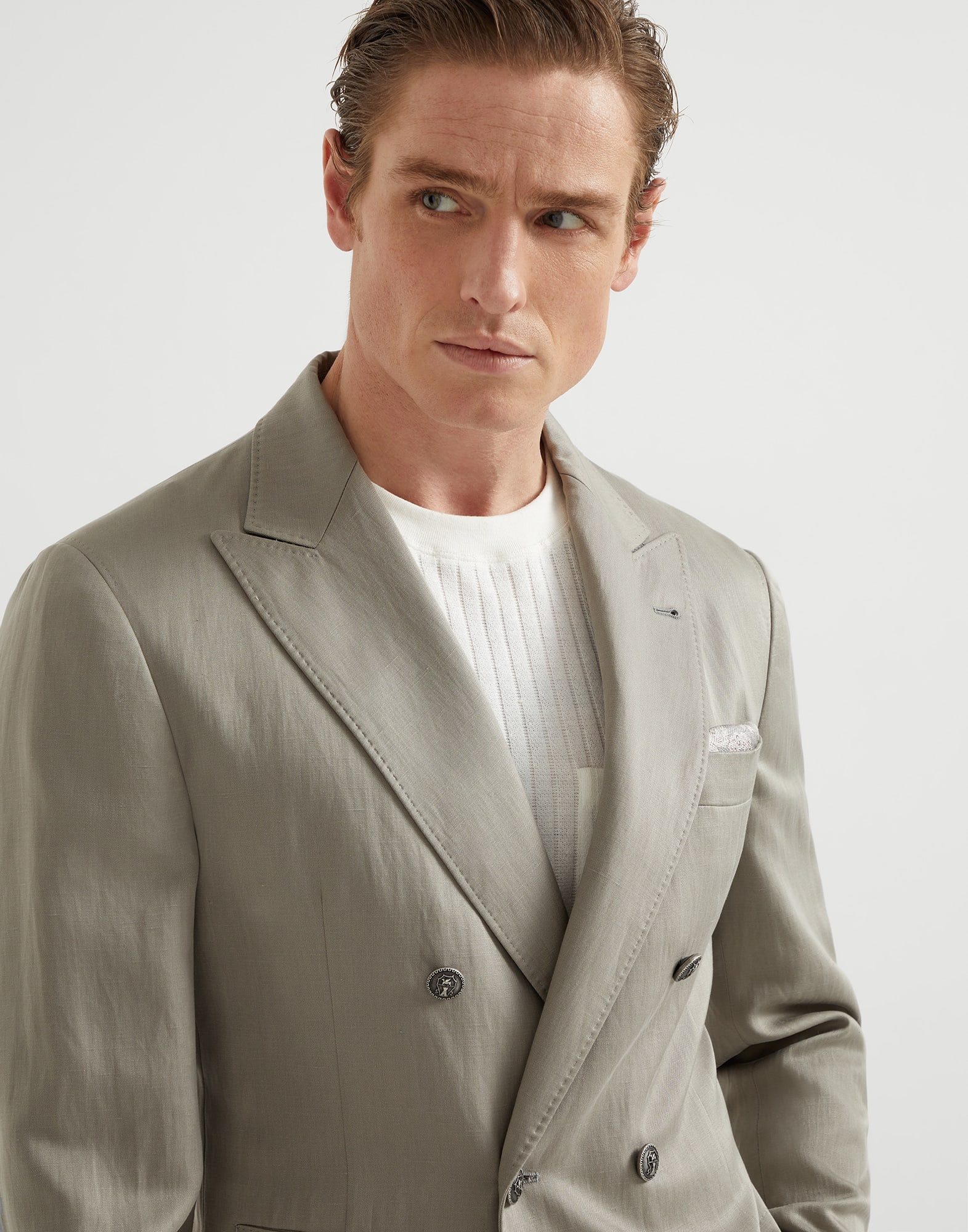 Délavé silk and linen twill one-and-a-half breasted deconstructed blazer with patch pockets and meta - 3