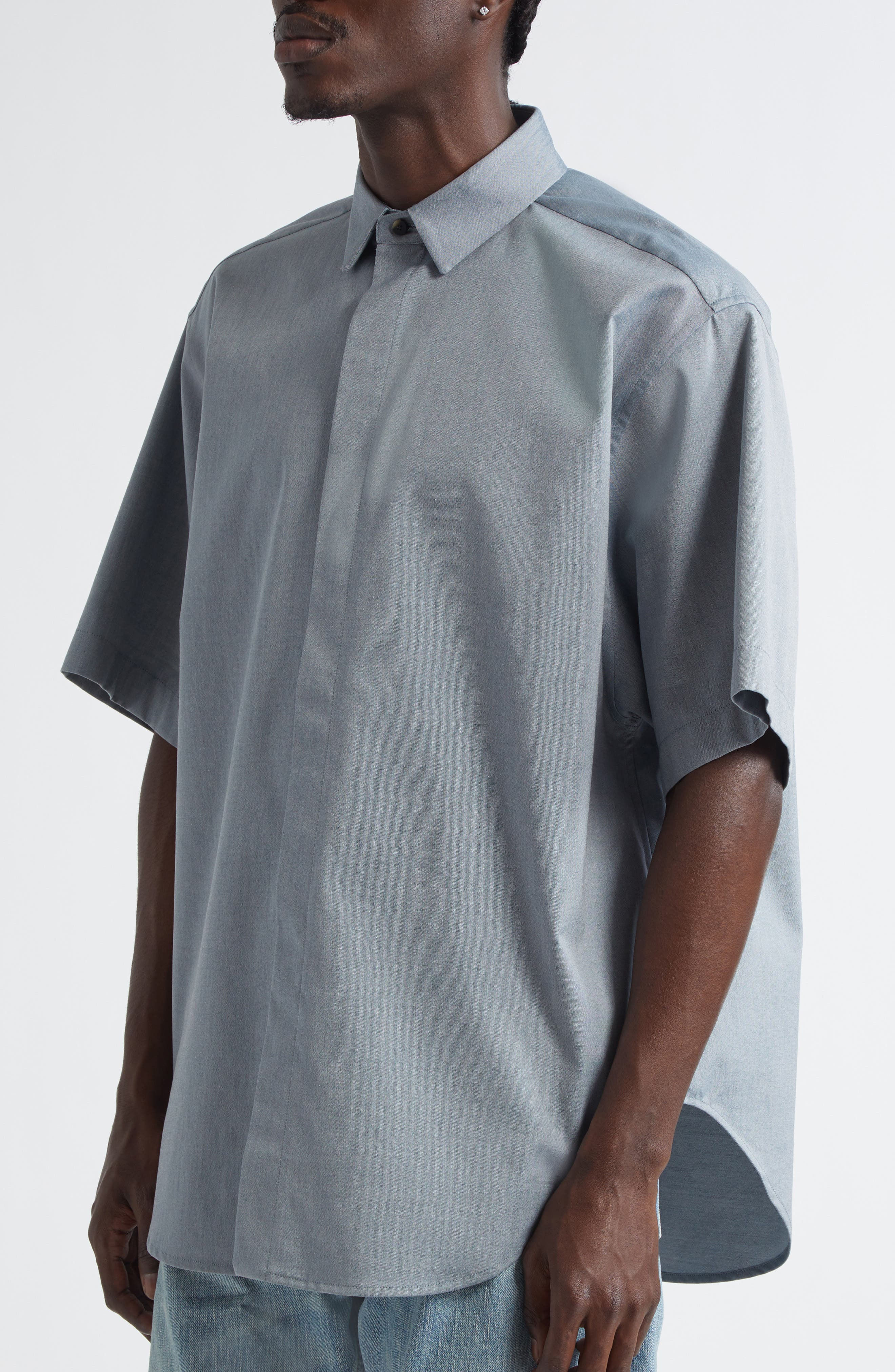 Fear of God Short Sleeve Cotton & Wool Stretch Oxford Button-Up Shirt in Melange Slate at Nordstrom - 5