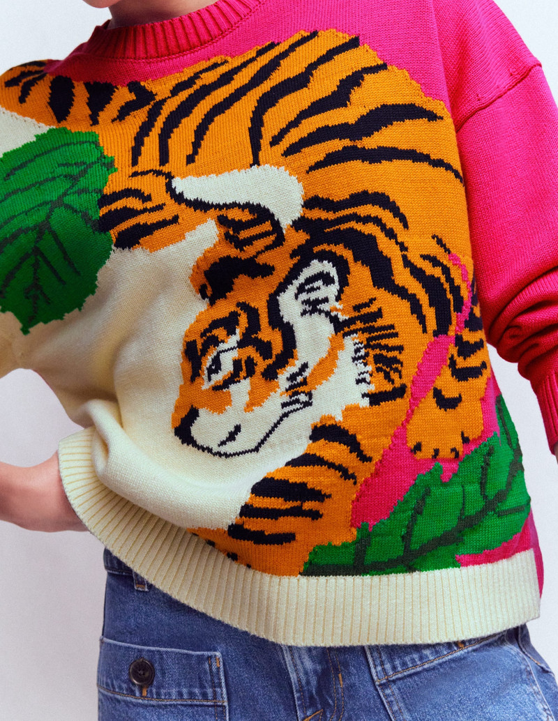 Jacquard Jumper-Warm Ivory and Pink Tiger 4