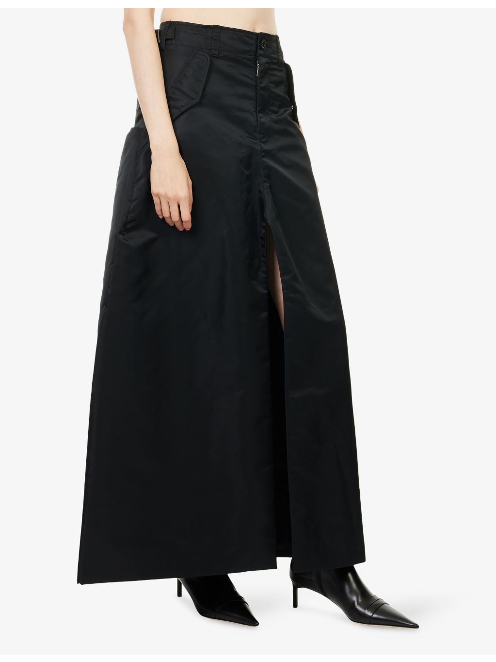 V-Slit High-Rise Twill Midi Skirt - 3