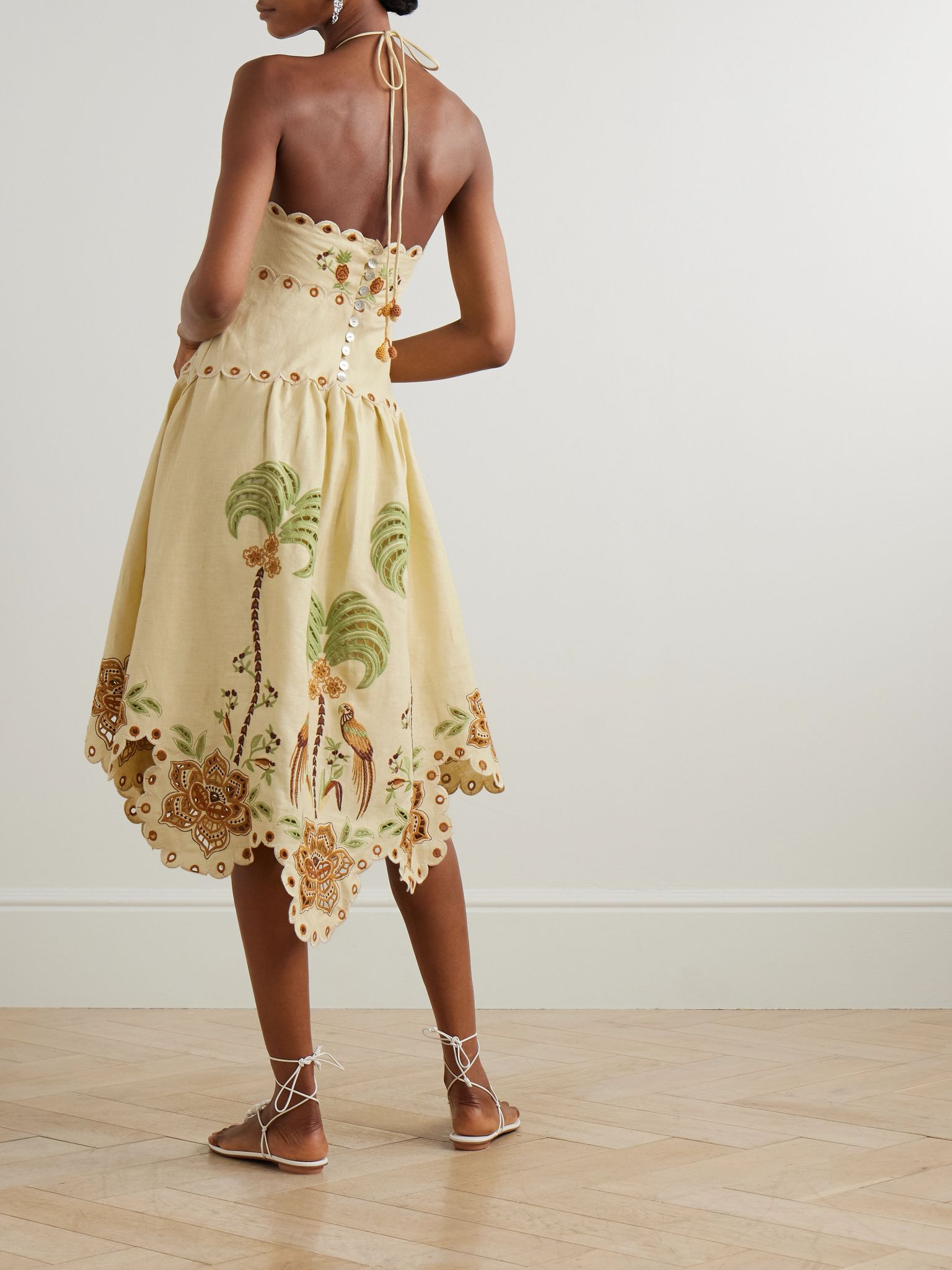 Scalloped broderie anglaise linen halterneck dress Beige - 3