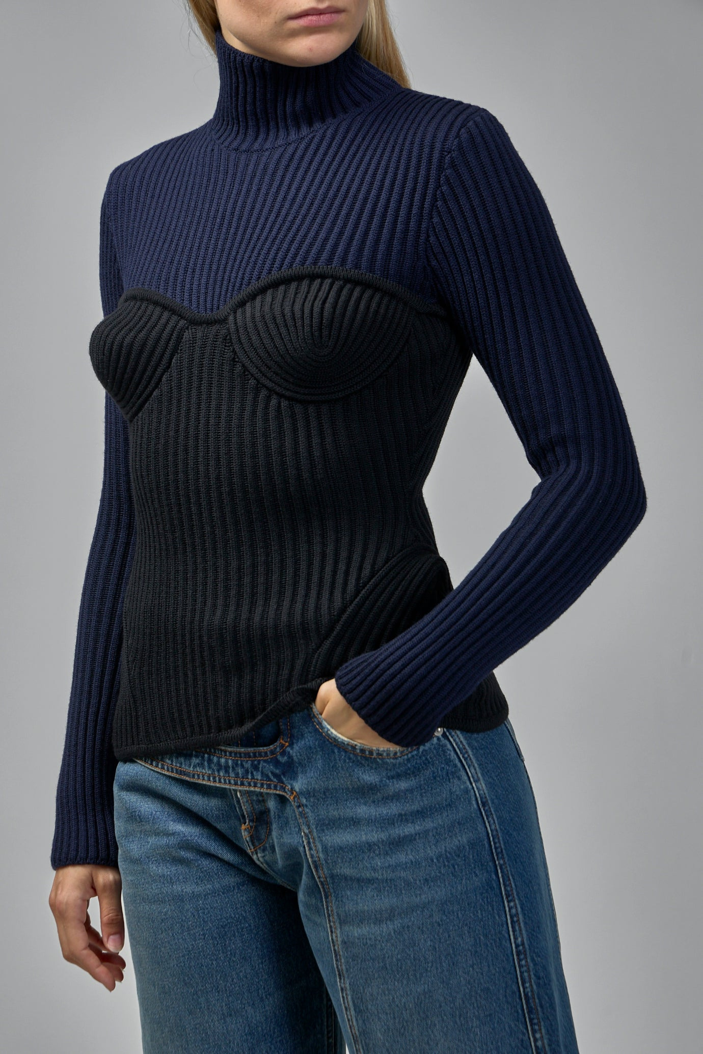 Stretch Merino Wool Ribbed High Neck Sweater - 4