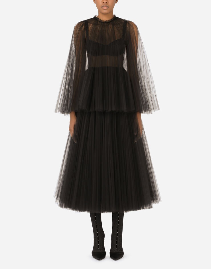 Tulle calf-length dress with sunray pleats and cape detail - 1