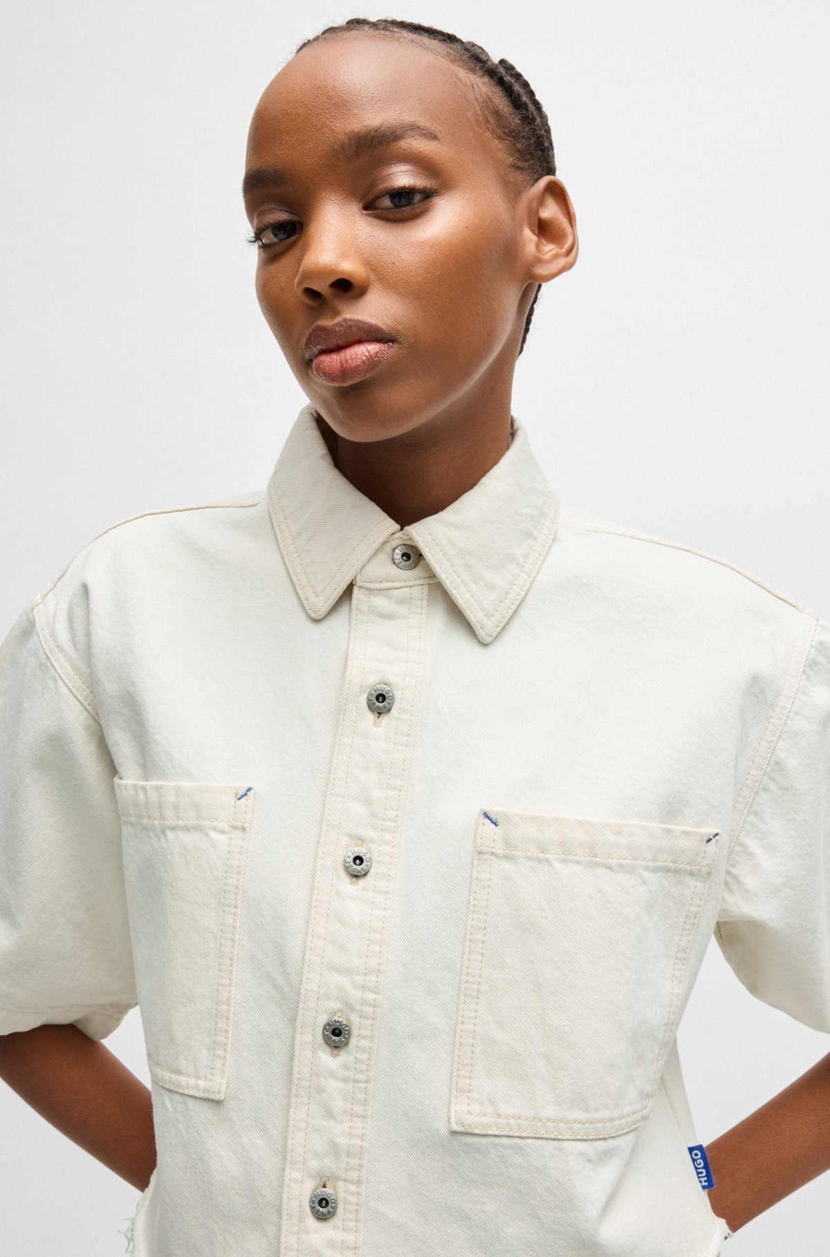 CROPPED ECRU-DENIM BLOUSE WITH RAW HEM - 5
