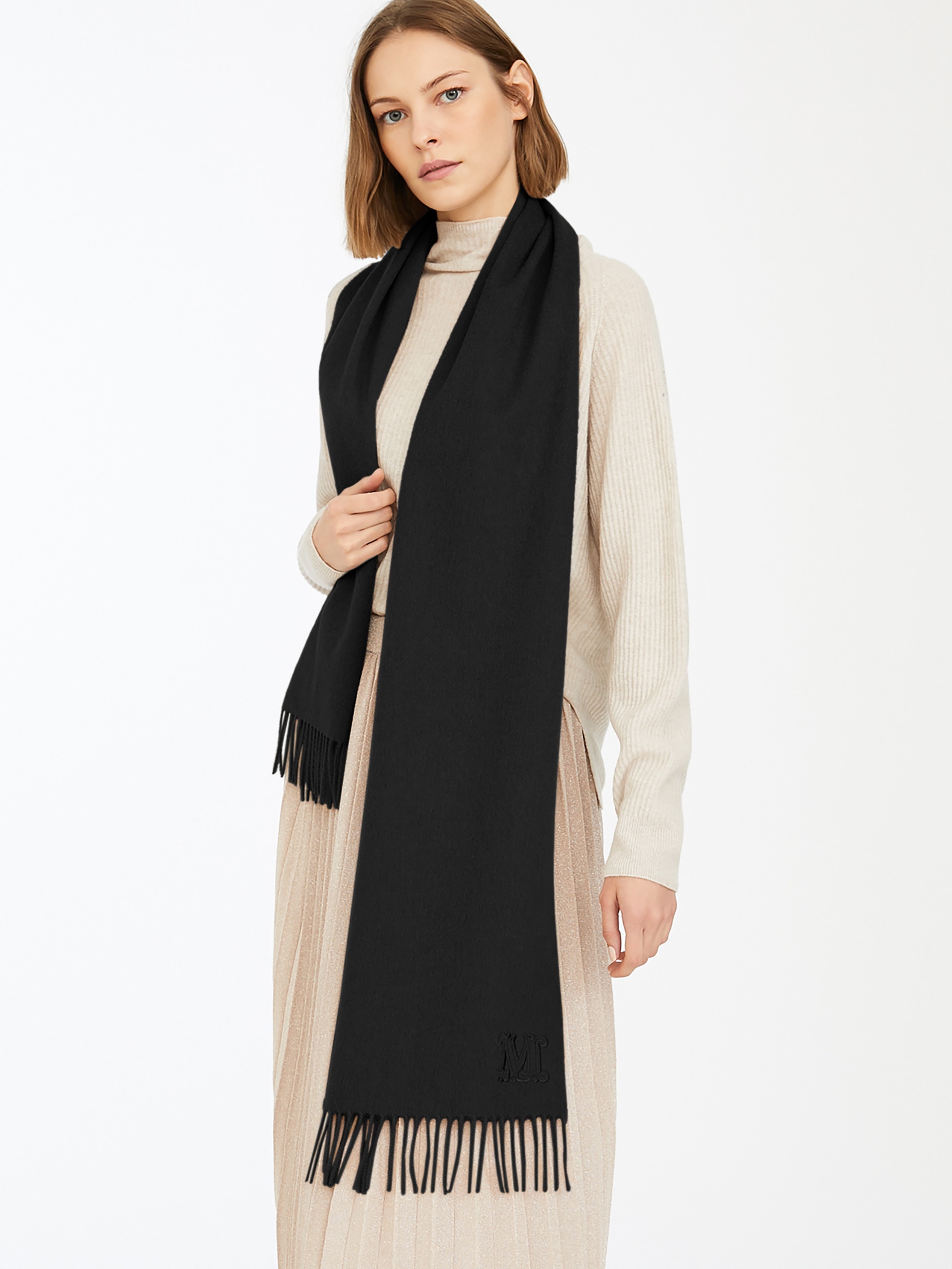 WKCLARA Monogram-embroidered camel stole - 4