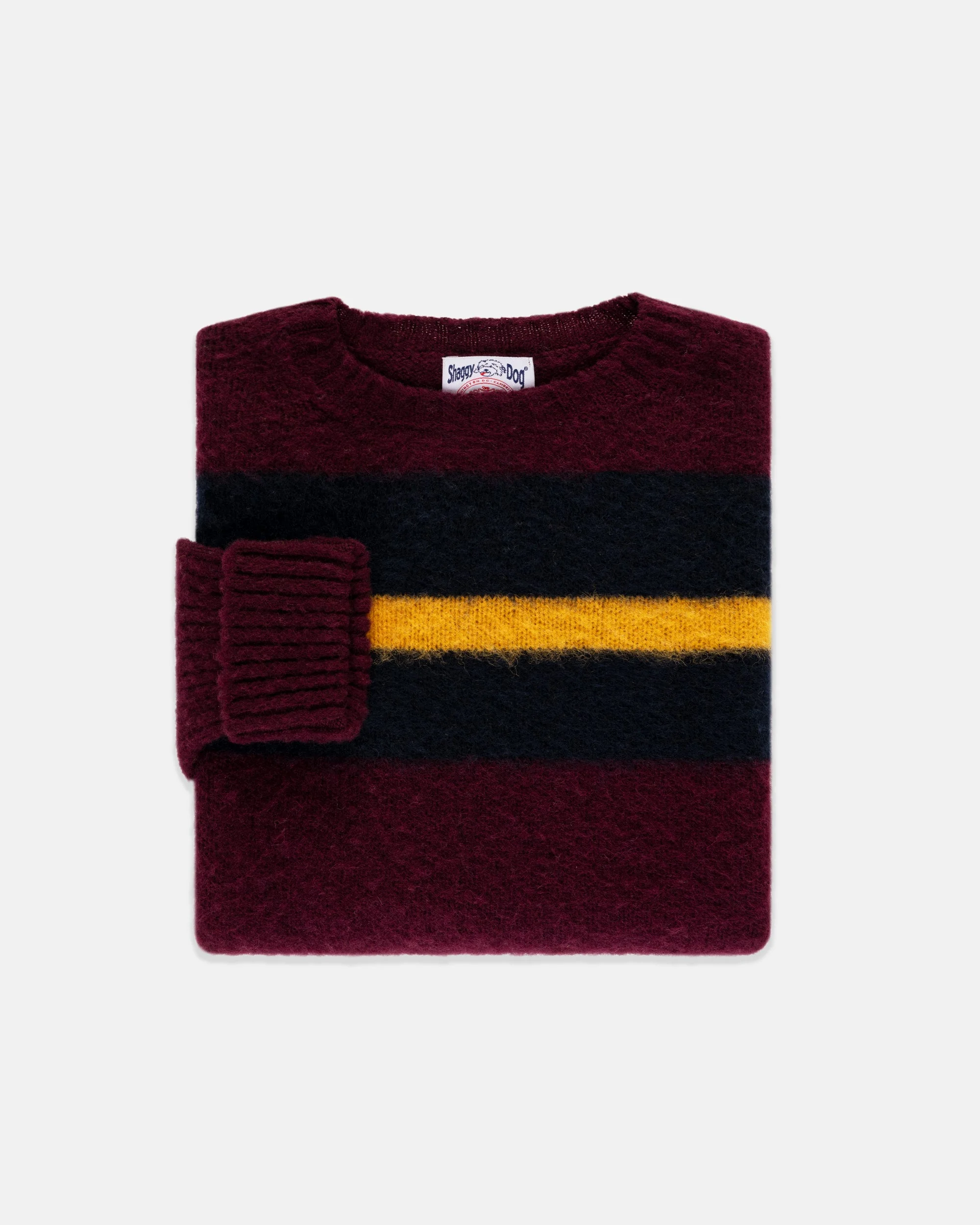 MADE-IN-SCOTLAND BURGUNDY, NAVY & GOLD SHAGGY DOG FRAME STRIPE SWEATER - CLASSIC FIT - 1