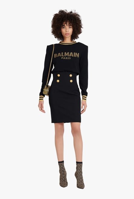 Cropped black wool sweatshirt with gold Balmain logo - 2