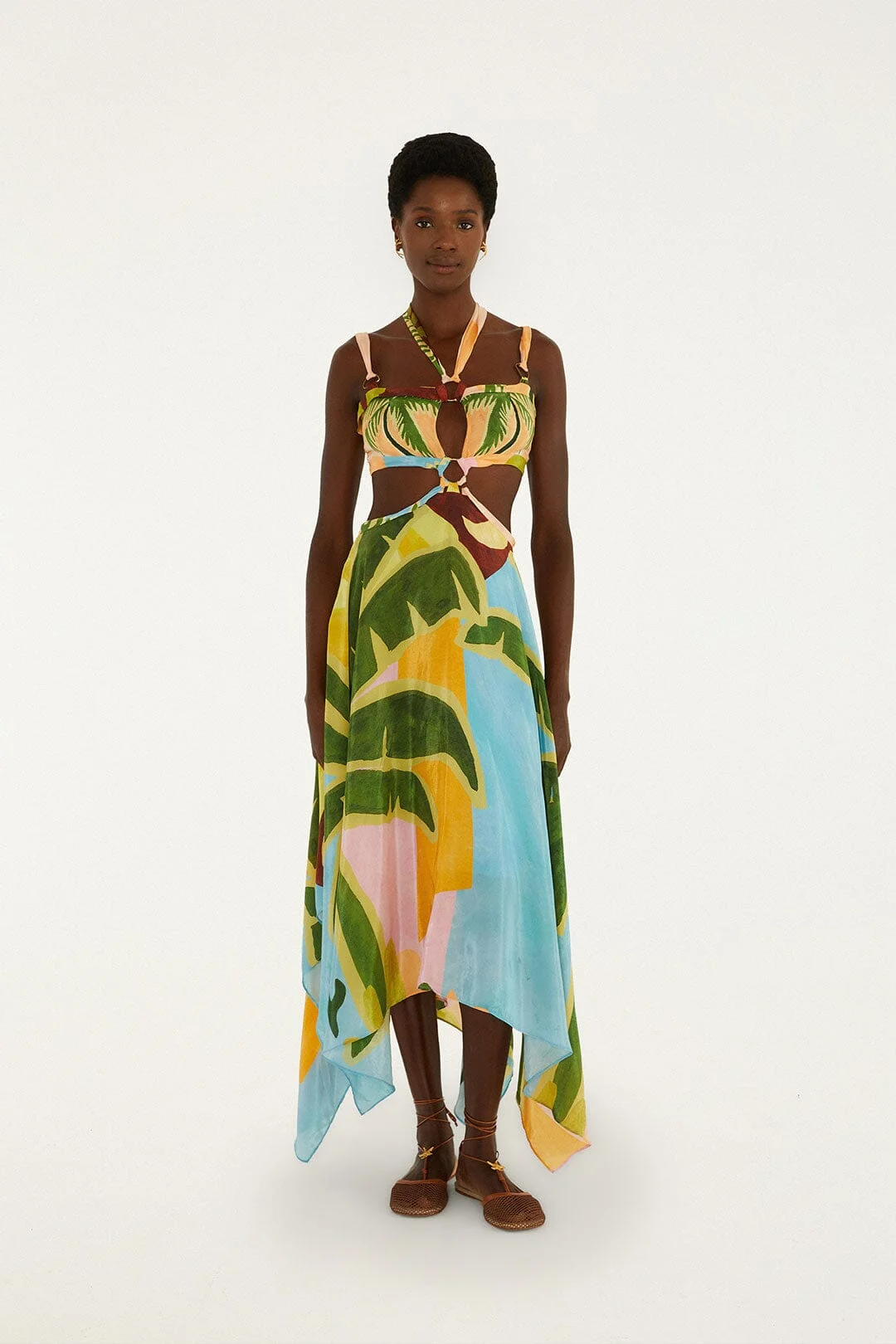 Multicolor Tropical Painting Cut-Out Buckles Maxi Dress - 1