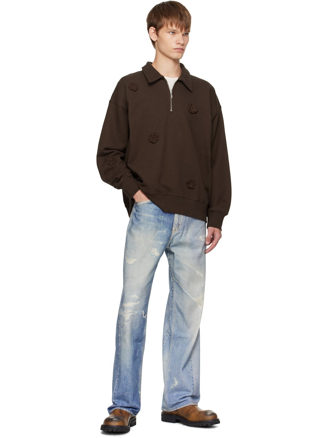 Brown Daisy Quarter Zip Sweatshirt - 4